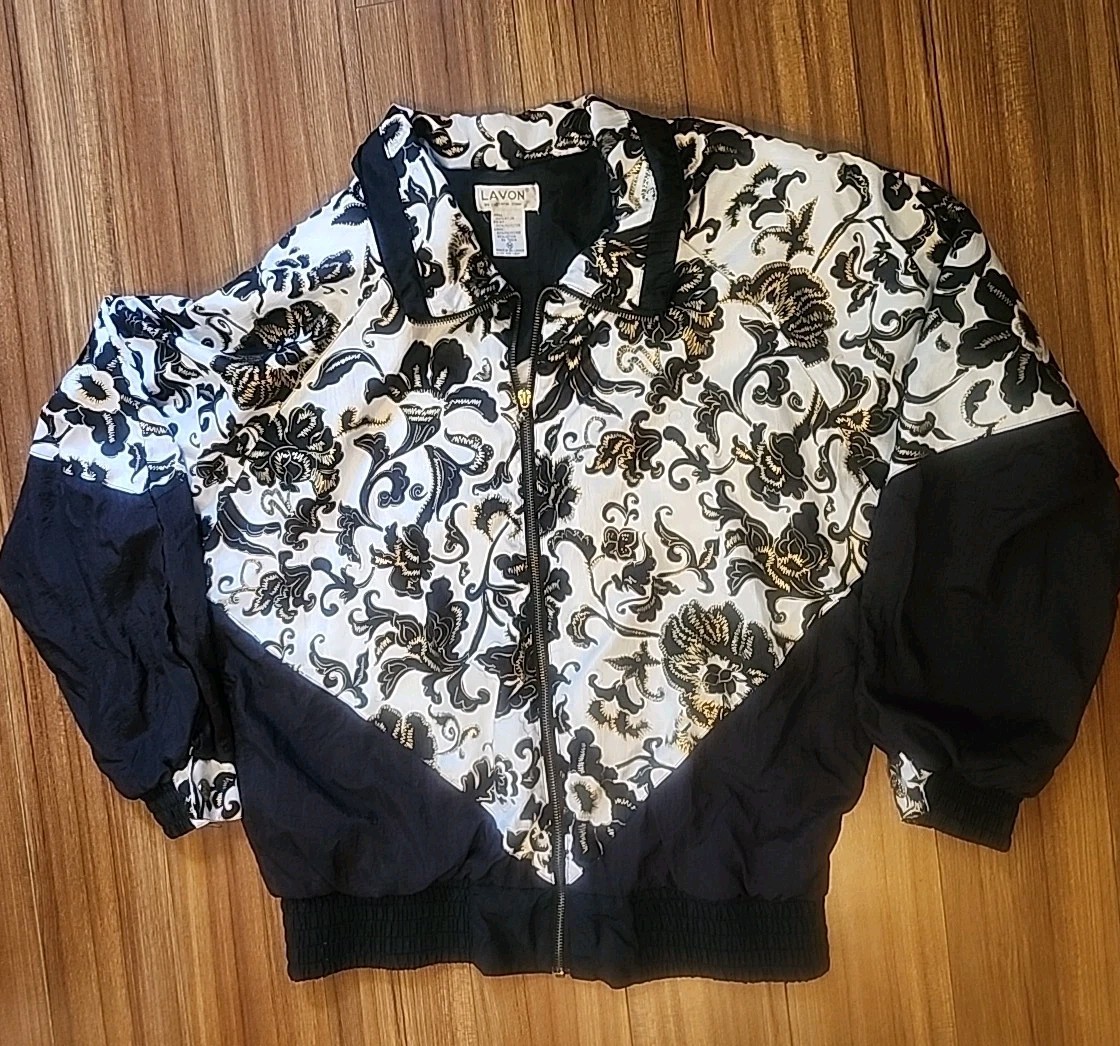 Vintage Lavon 1980-90s Tracksuit Windsuit Sz M Retro Lined Black Gold Floral