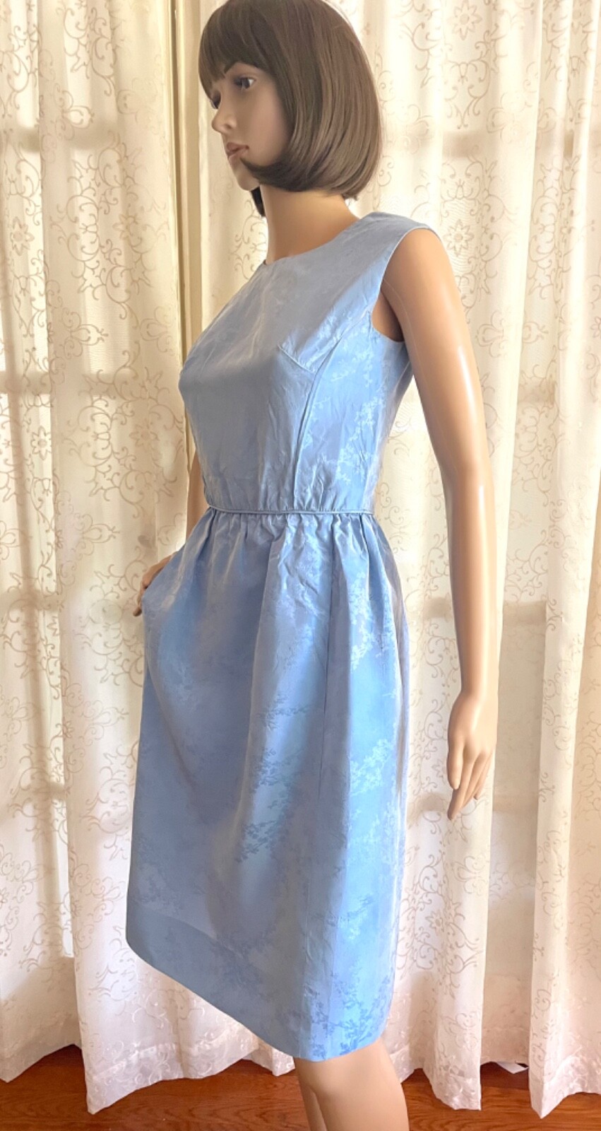1960s Vintage Satin Damask, Sleeveless Sheath, Wiggle Dress, Size Small