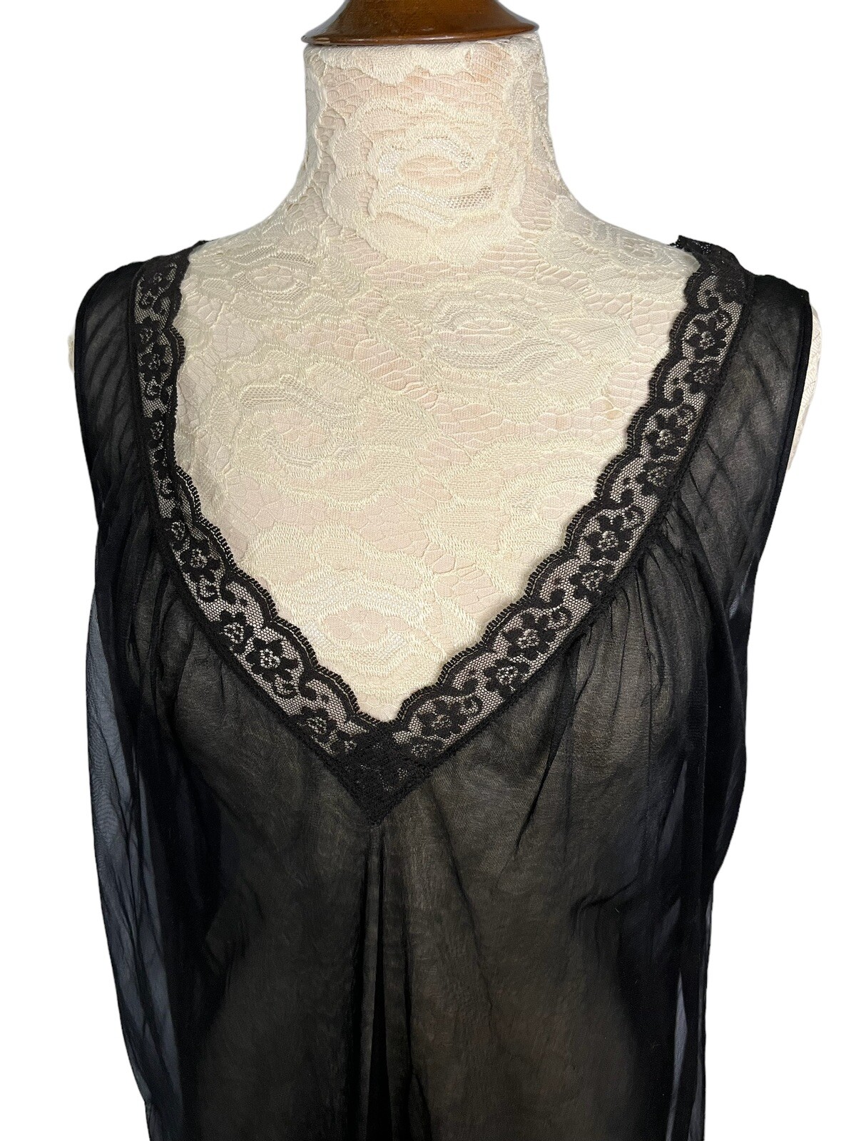 Vintage Lisette Gown Double Black Chiffon Nylon Long Lingerie V Neck Lace Medium