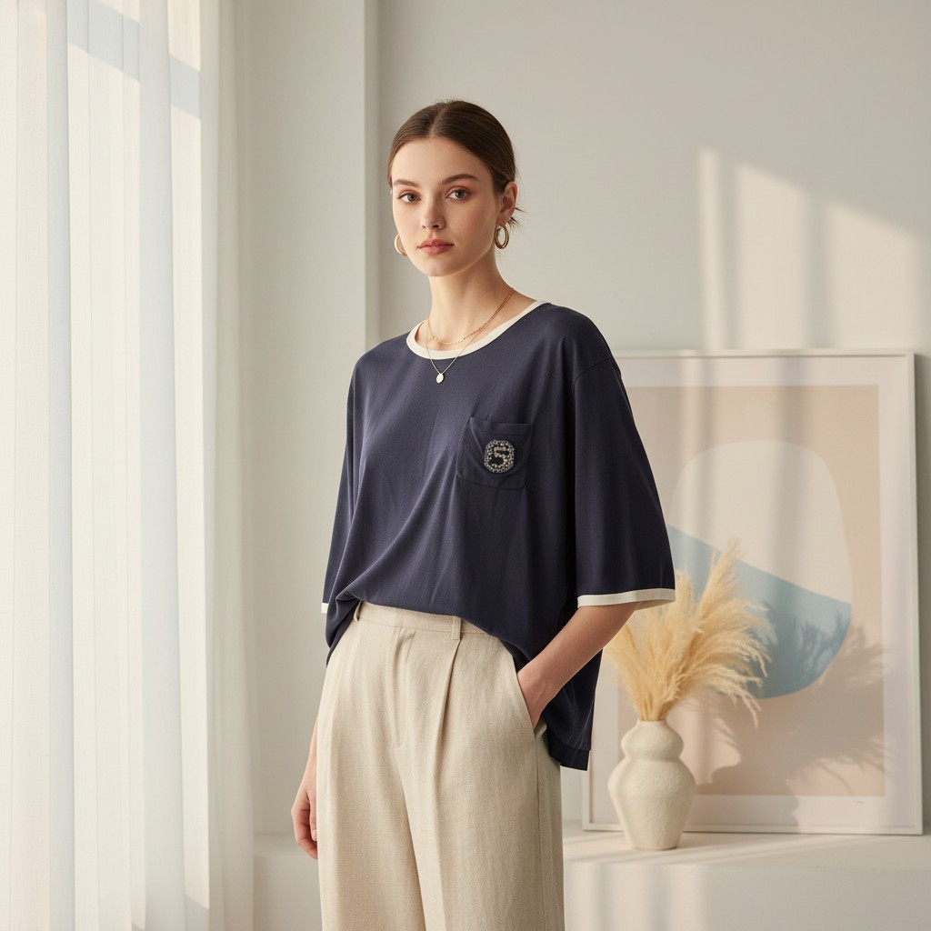 Chanel No 5 Embellished Logo Navy Silk Viscose Blouse Top T-Shirt Oversized 2XL