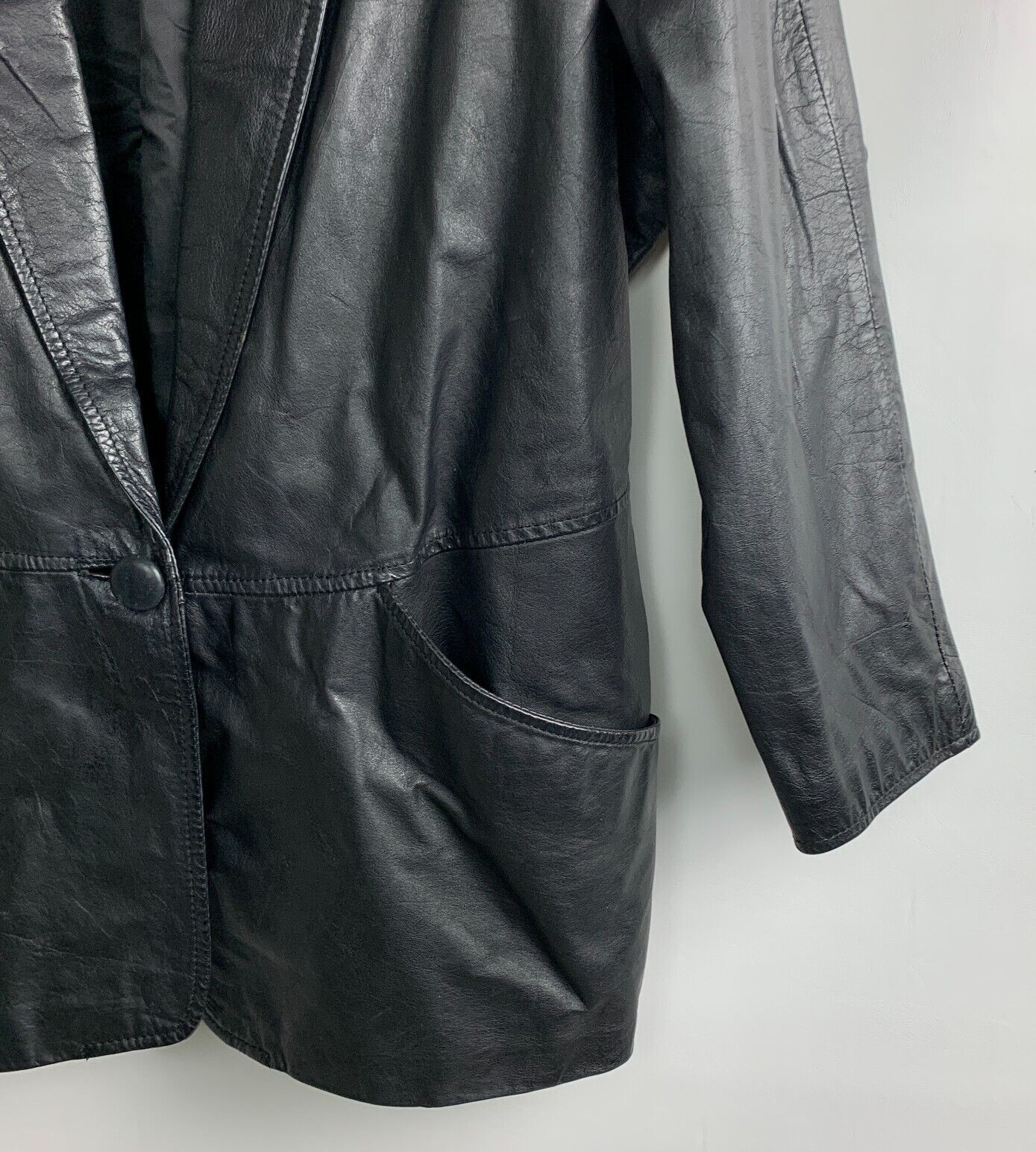 CC Hughes Vintage Jacket Black Leather Collared 1-Button Pockets Lined Size M