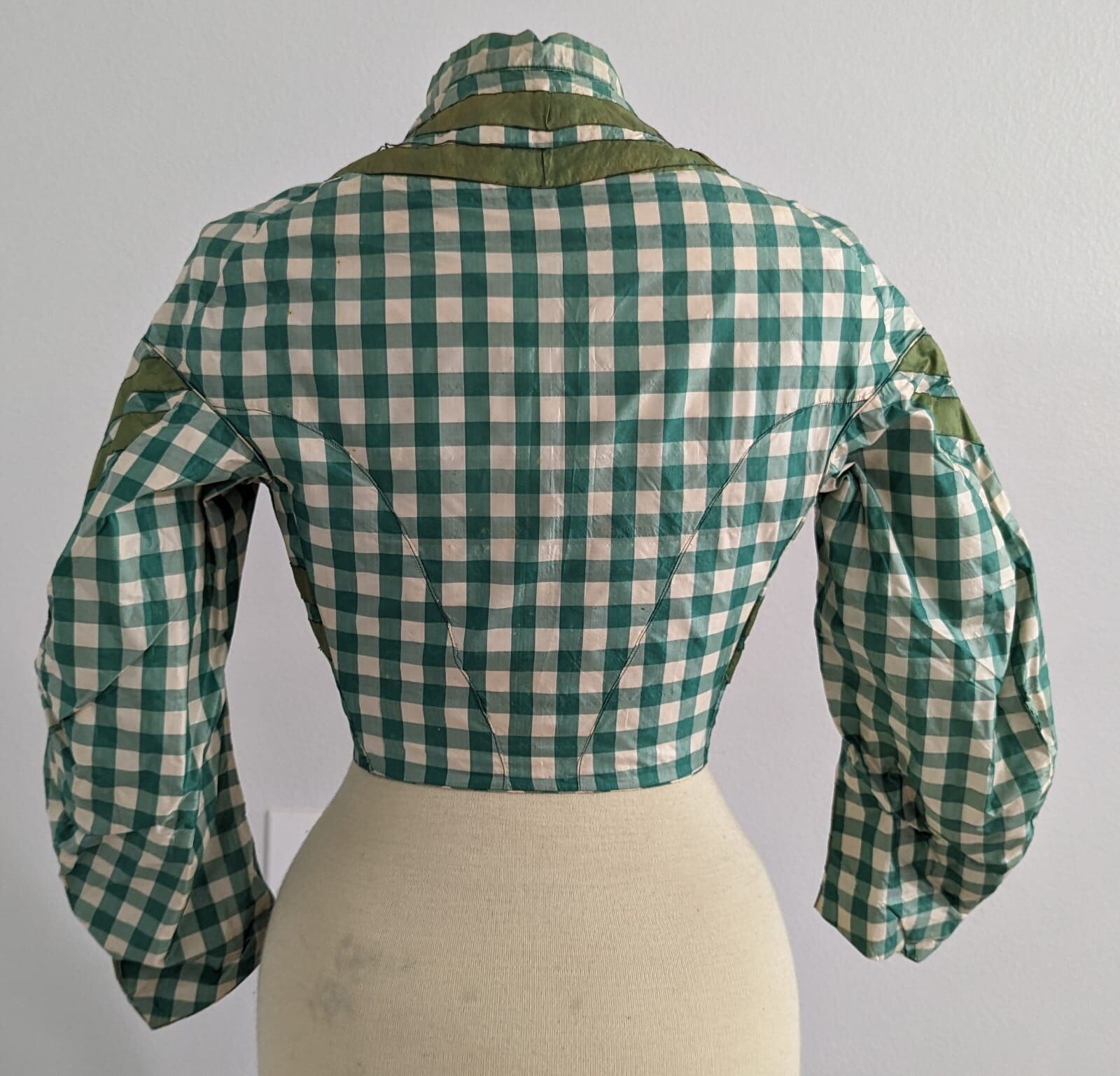 CIVIL WAR 1860’S GREEN CHECK SILK TAFFETA BODICE W/ SILK STRIPE DETAIL