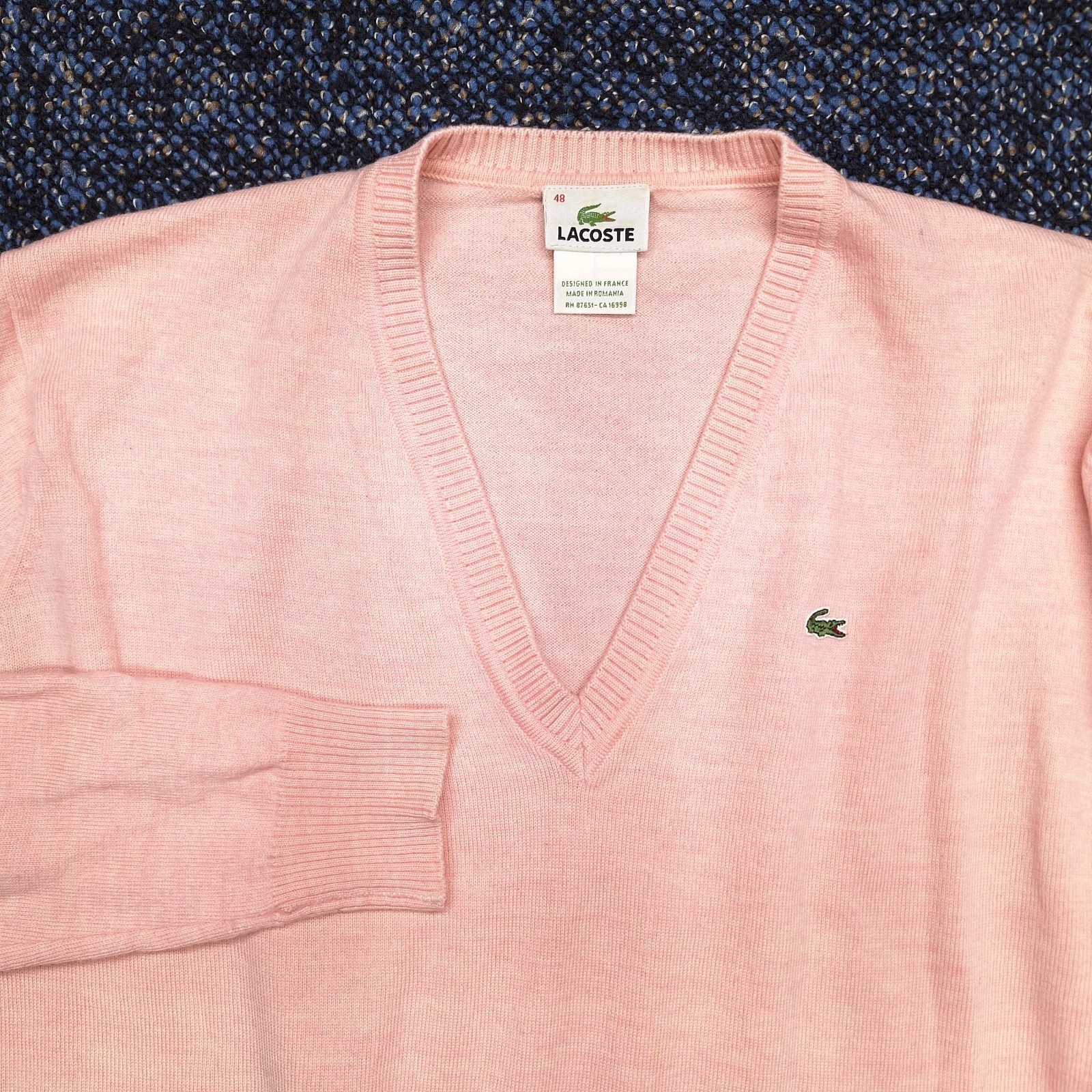 Vintage Lacoste V-Neck Sweater Virgin Wool Pink Size 48(Mens M.)(Womans L-Xl)