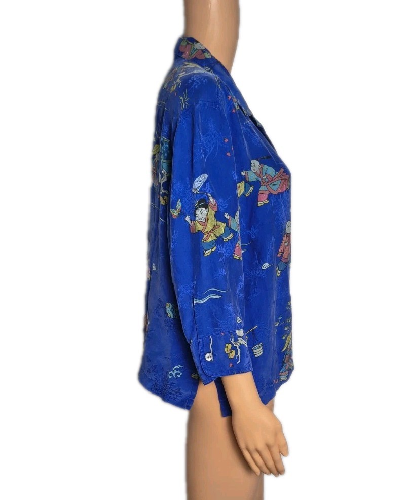Vintage 80s 90s Chico’s Design Asian 100% Silk Blouse Royal Blue Size L