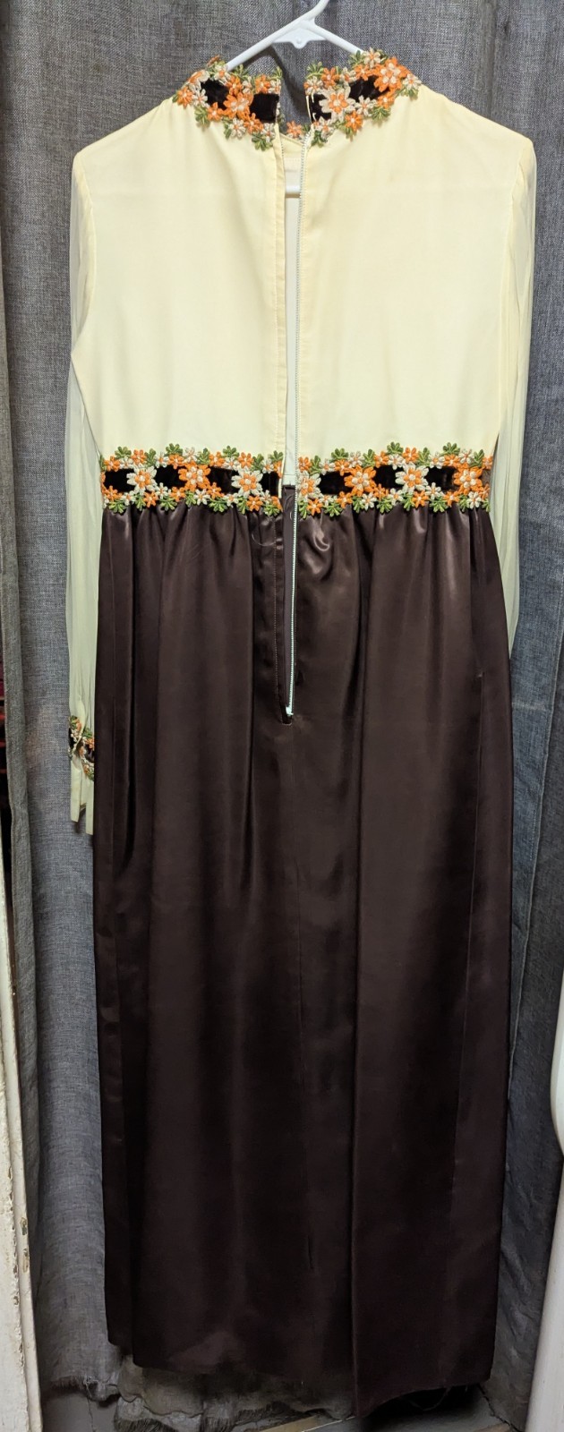 60s 70s Maxi Gown Satin Chiffon Sleeves Brocade Flower Trim