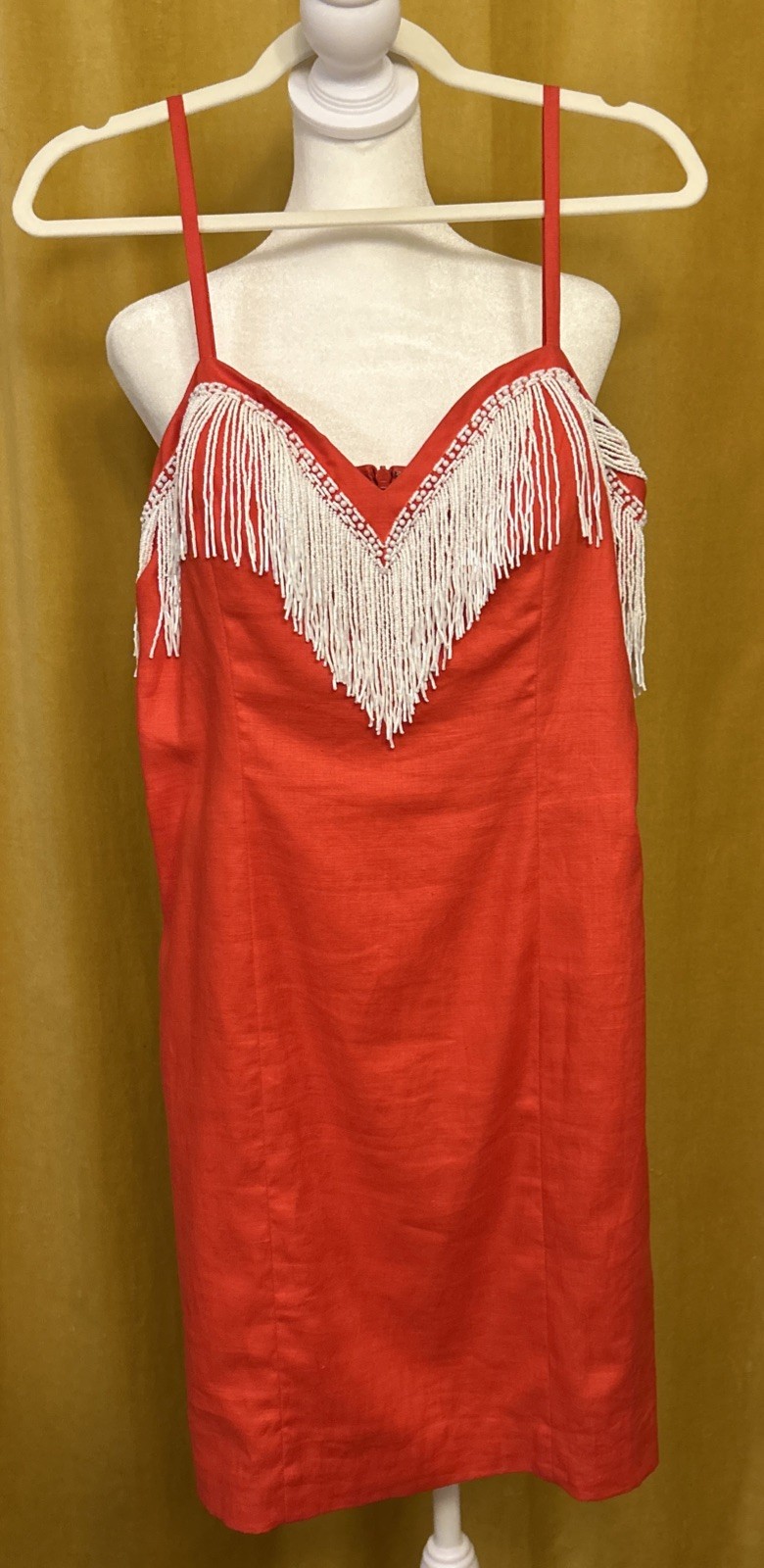Vintage Pia Rucci Dress Red Linen Short White Beads Fringe Party 10 Medium 6/8