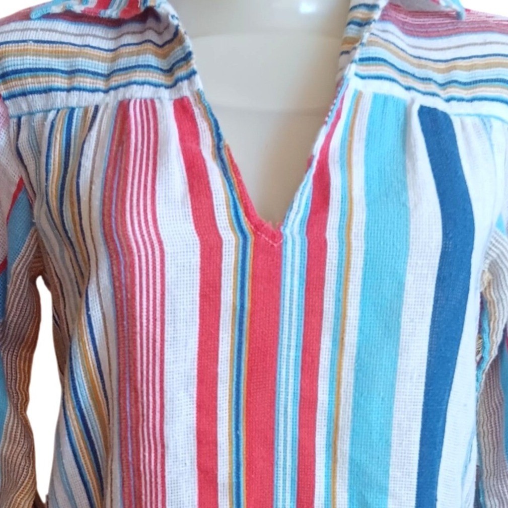 True Vintage Hippy Top Medium Colorful Striped 1970’s Boho Tunic Shirt Pocket