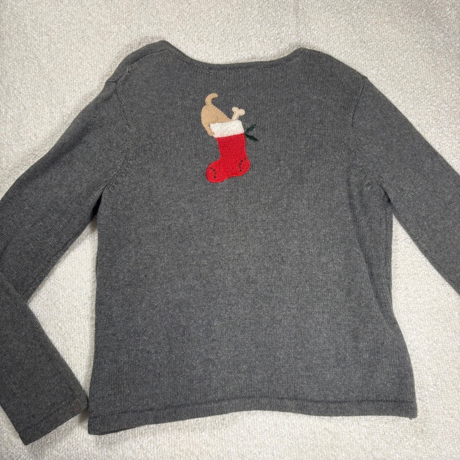 vintage 90s crazy horse liz clairborne ramie knit gray christmas puppy cardigan