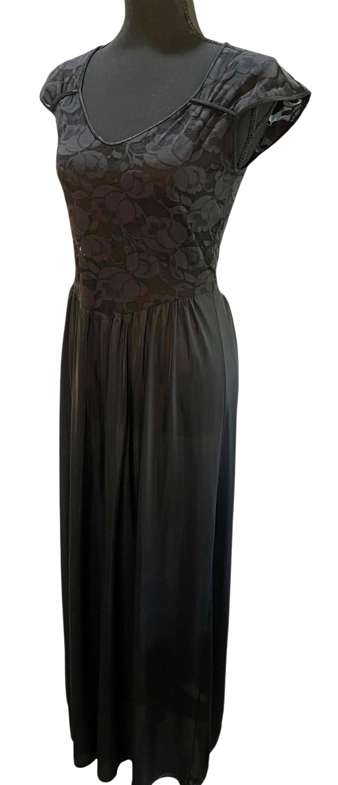 VTG Olga Christina Black Lace Bodice Nylon Long Nightgown Medium Style 96688