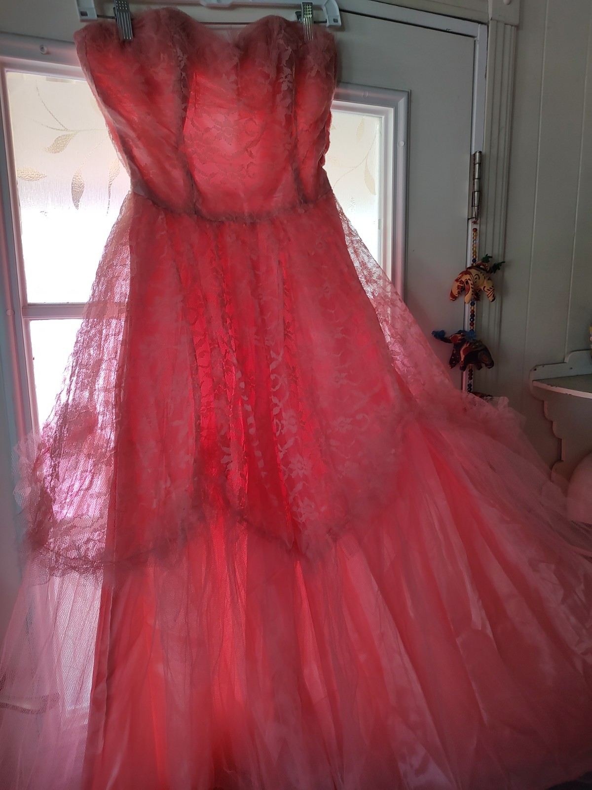 Vintage 50s Sz S Candy Pink Lace Ball Gown With Ballero Jacket Crinoline, Metal