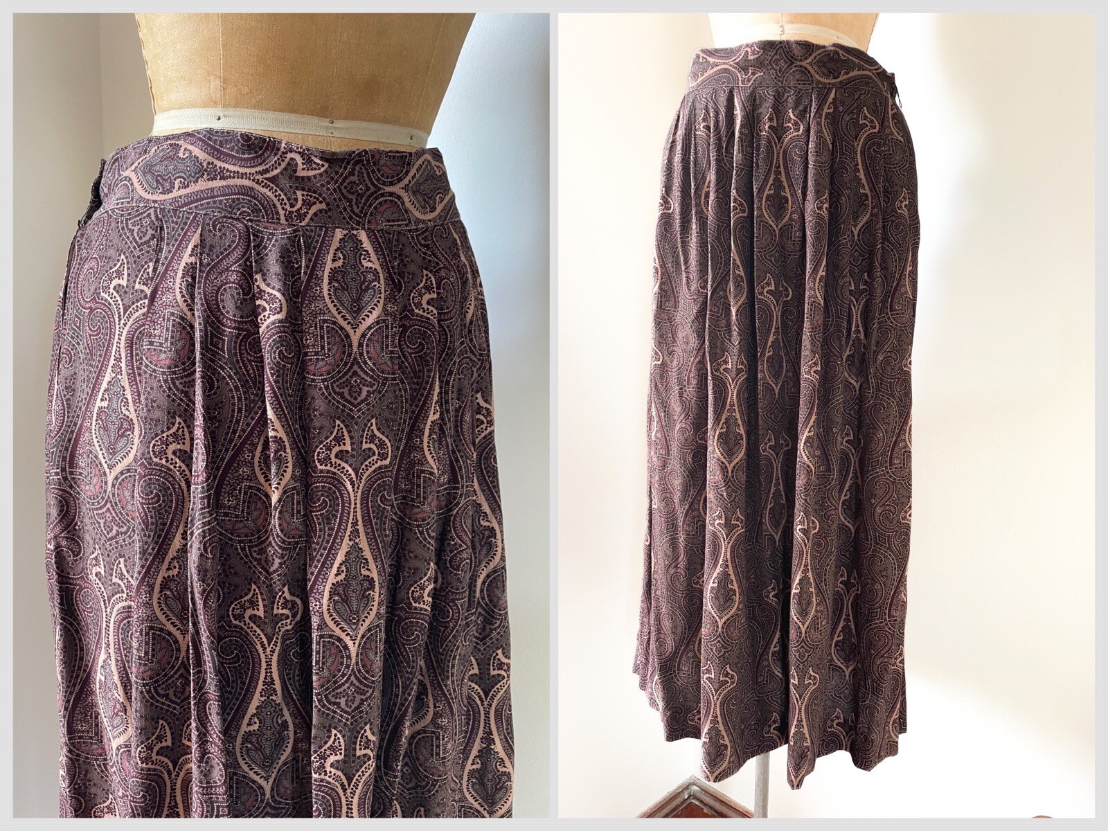 Vintage ‘80s ‘90s Paisley Print Midi Skirt Pleated Rayon Skirt Muted Plum S/M