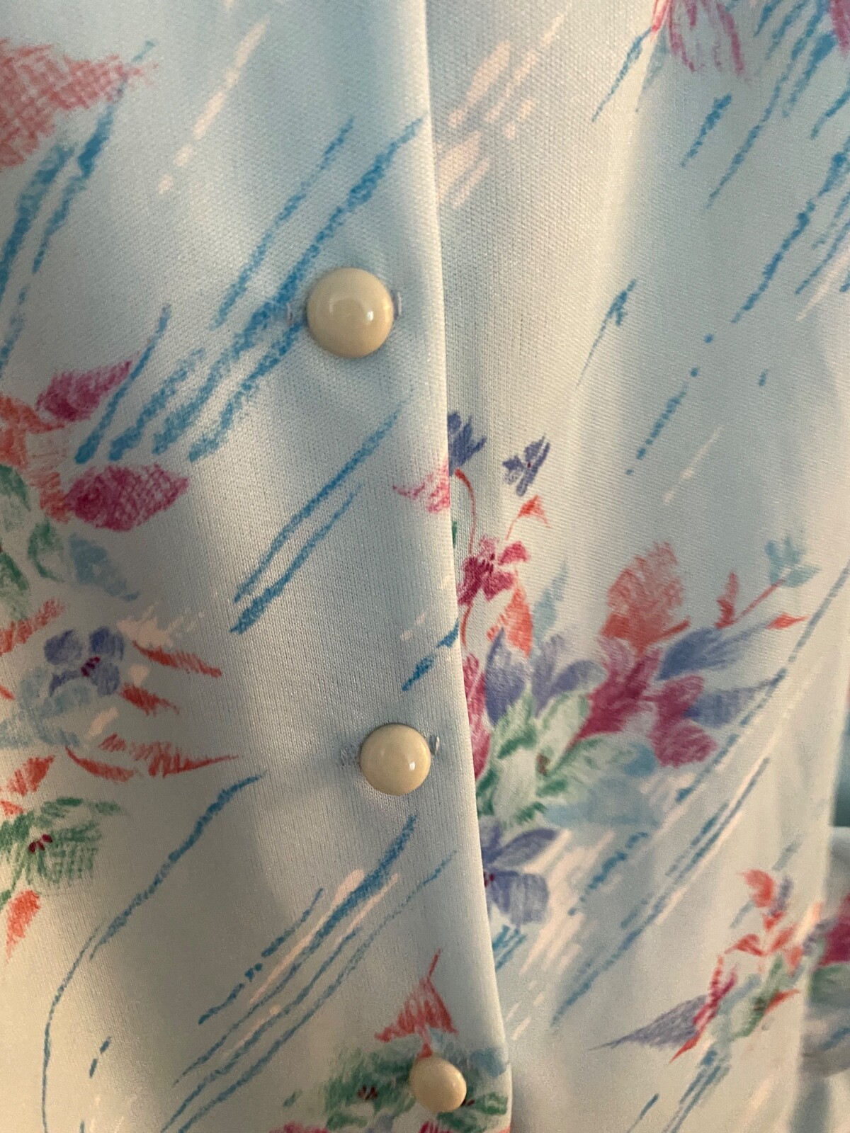 VTG 70s House Dress Women Floral Vneck Collar Button Tie Waist Blue Pink Floral