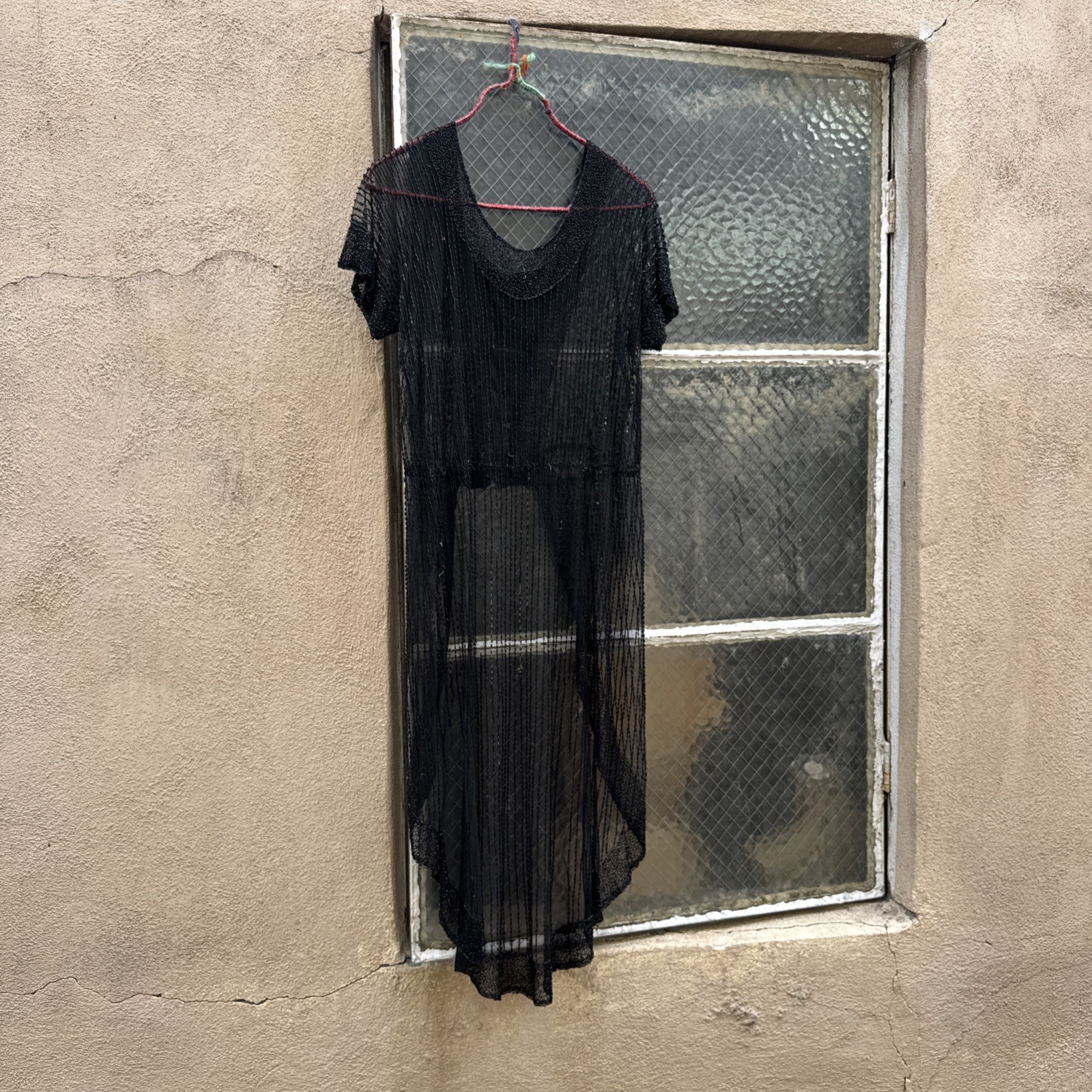 Antique 1920s Black Net Heavily Beaded Dress Train Short in Front Floral Vintage