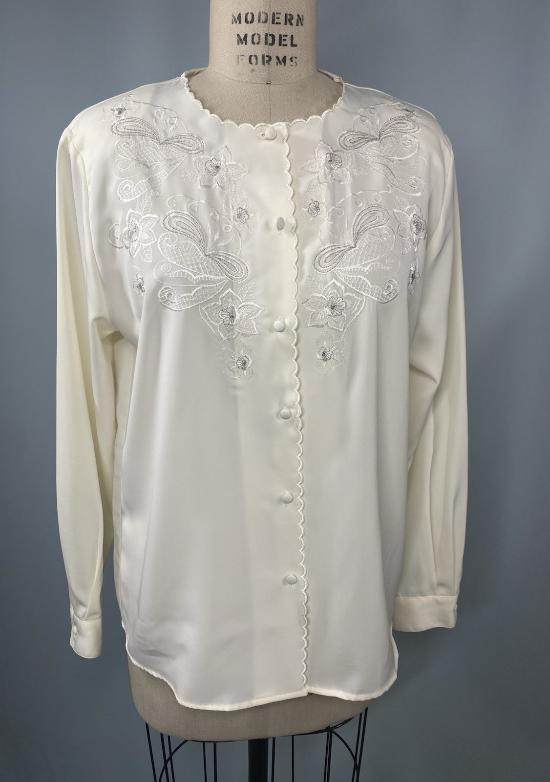 Vintage Blouse Top SIZE LARGE 10 ivory embroidered CLAUDIA RICHARD 80s 90s