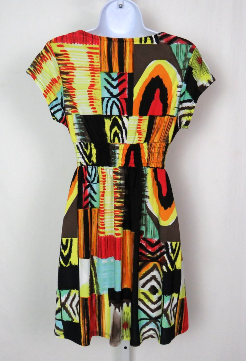 VTG 1990s MOD ABSTRACT COLOR BLOCK STRETCH DRESS OVERLAP BUST 30″ to 36″