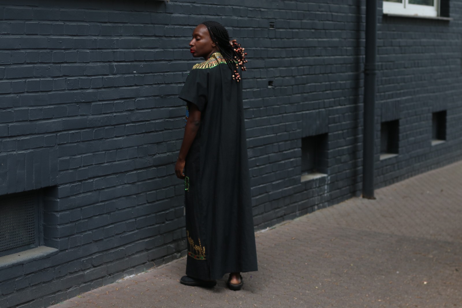 Vintage Egyptian Kaftan Black Gold Embroidered Maxi Dress 70s Boho Caftan