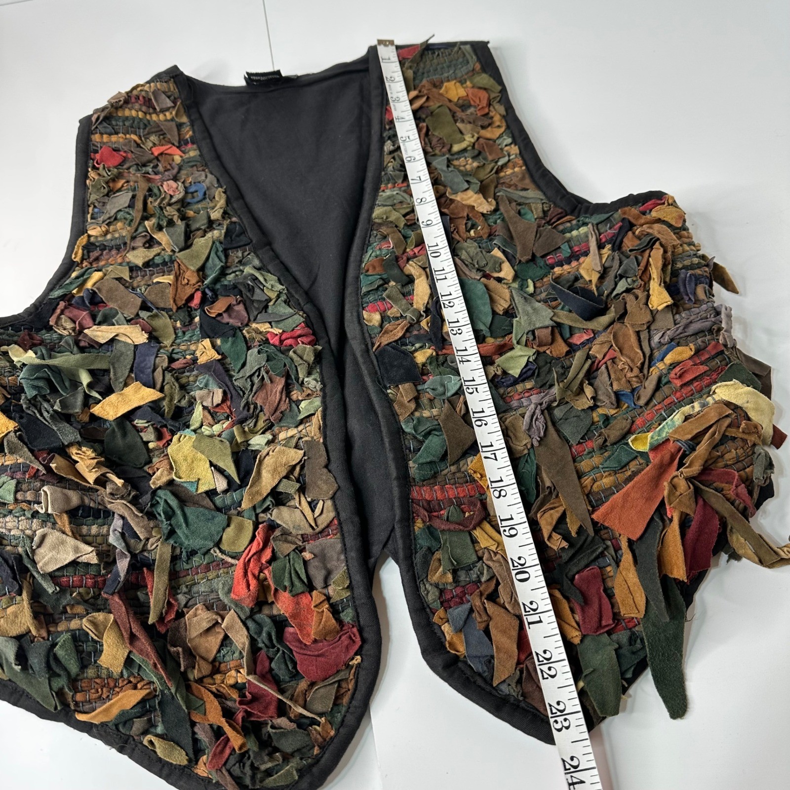 Vtg Exceptional Leather Scrap Vest Multicolor Black Boho Artwear Rag Rug Sz L