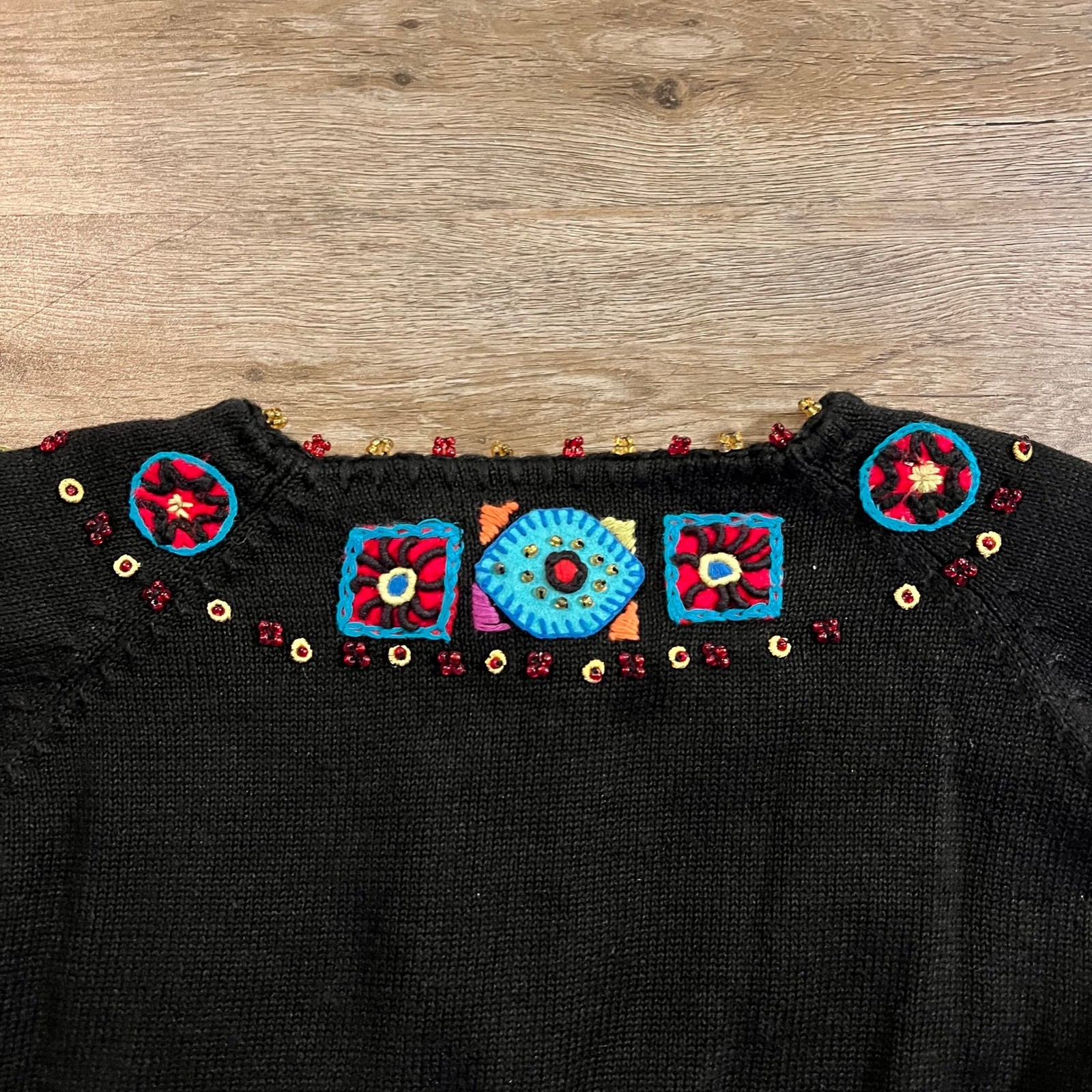 Michael Simon Vntg Beaded Embroidered Cardigan Black Multi Color Art Knit 2