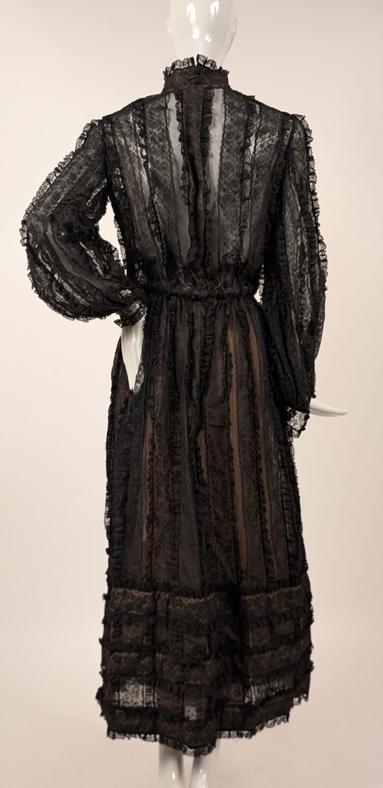 VICTORIAN REVIVAL 1970’S SHEER BLACK + CHANTILLY LACE RUFFLE DRESS W HIGH COLLAR