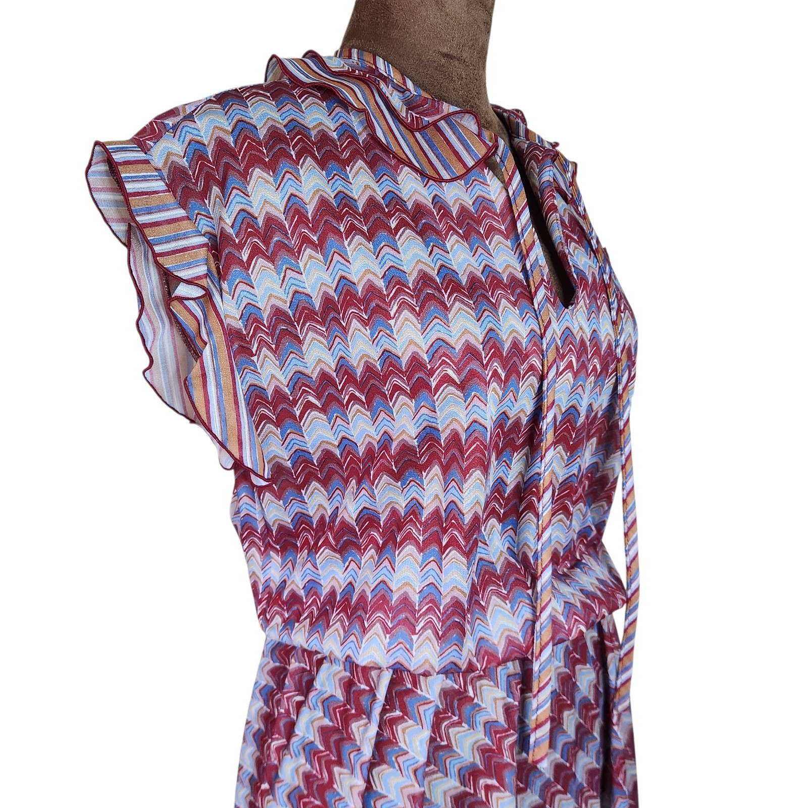Vintage Strait Line Dress Rockabilly Chevron Striped Multicolor Sheer Ruffle