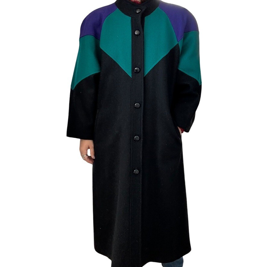 Vintage 1980s Komitor Clowncore Wool Color Block Geometric Oversized Trench Coat