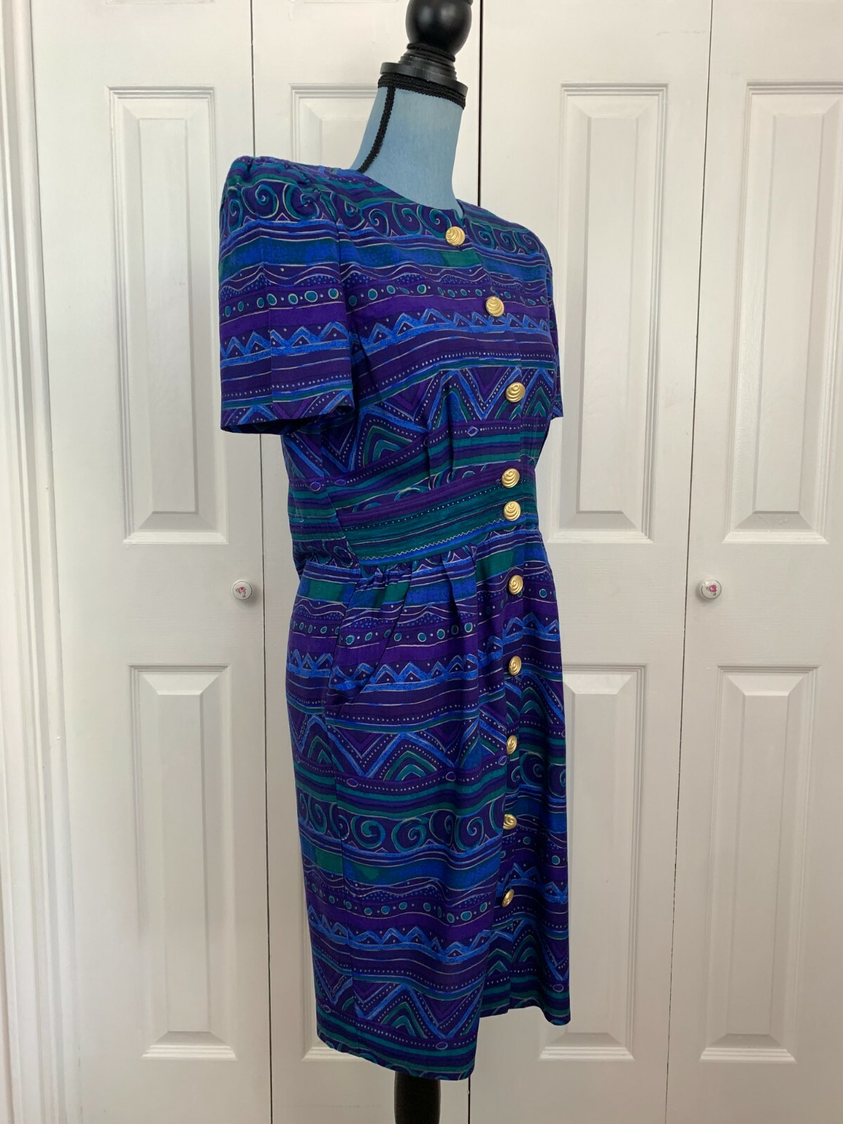 Vintage 1980’s 1990’s Positive Attitude Button Up Blue Purple Green Dress 8 P