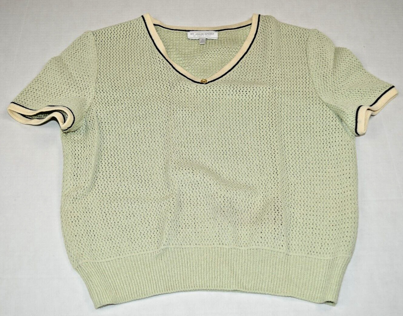 Vintage St John Knit Sweater Size S/M 80s Pale Mint Green Ivory Black Trim