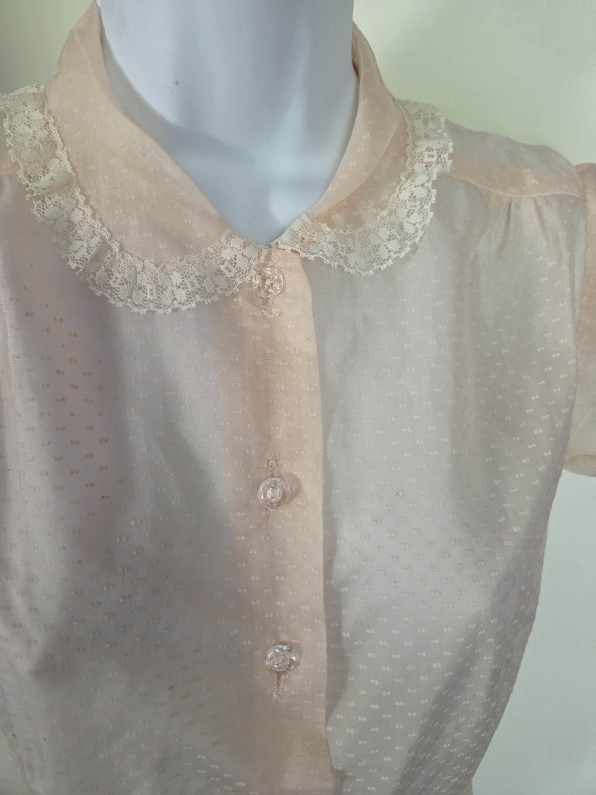 Vtg 50’s Sheer PINK SILK Blouse / Dotted Swiss Look /Glass Buttons 32″