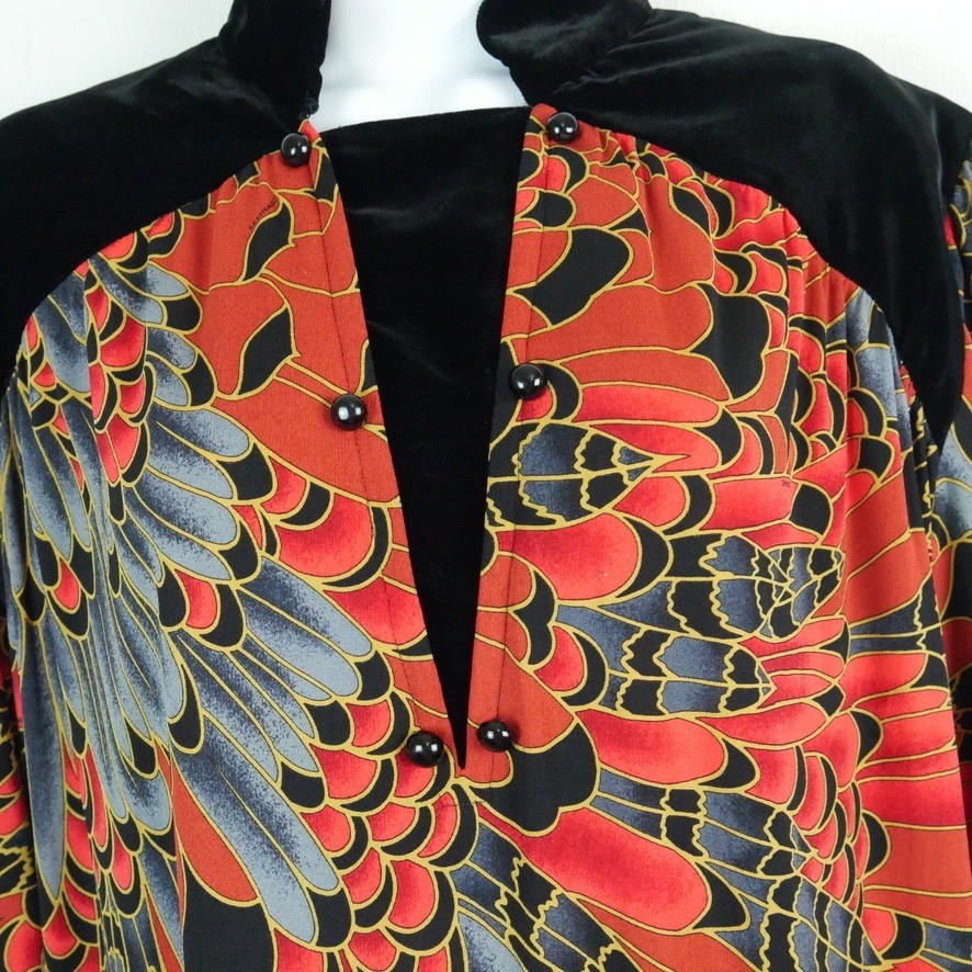 Vintage Leonard Fashion Paris Silk Velvet Feather Print Midi Dress Luxury 80s