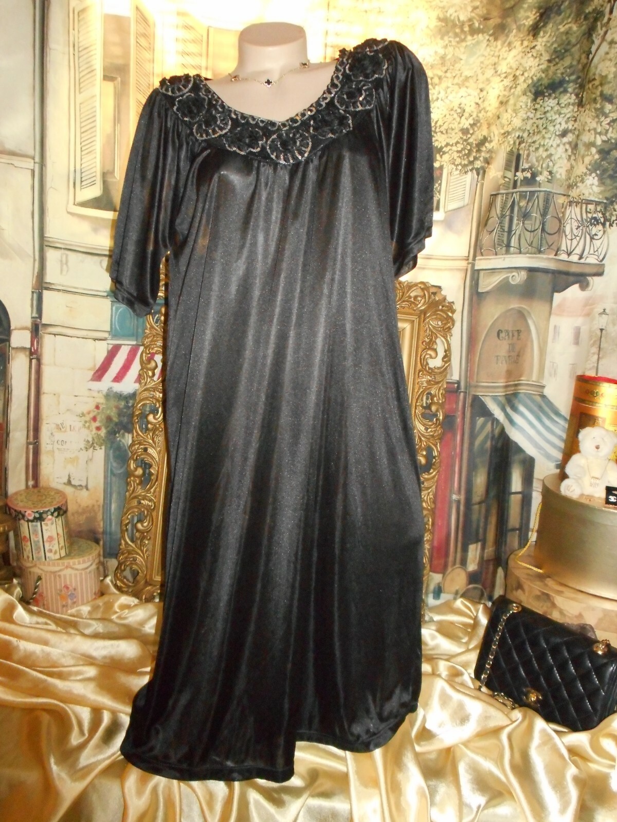 M Liquid Satin Nightgown Black Waltz Length Silver Sequin Applique Rosettes NWOT