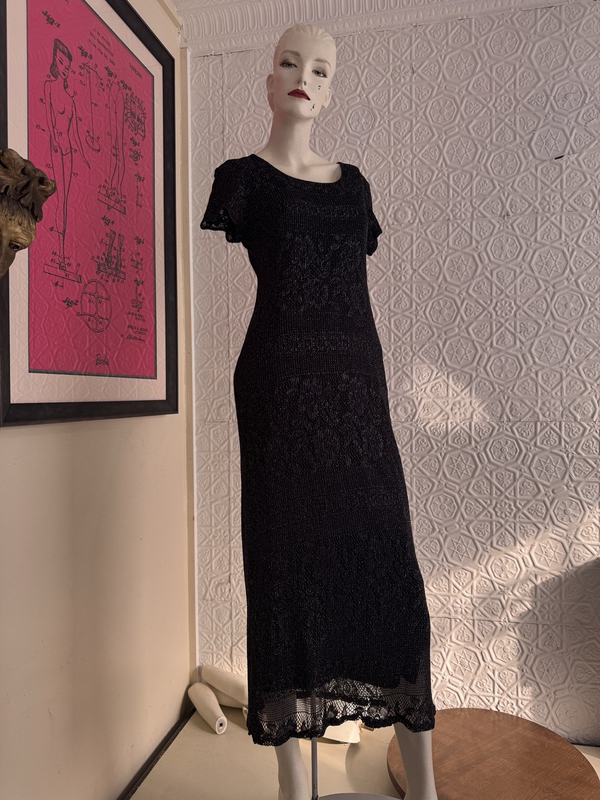 Vintage 1990s Black Lace Midi Dress-Minimalist-Deco Style-Glitter-Glam-evening S