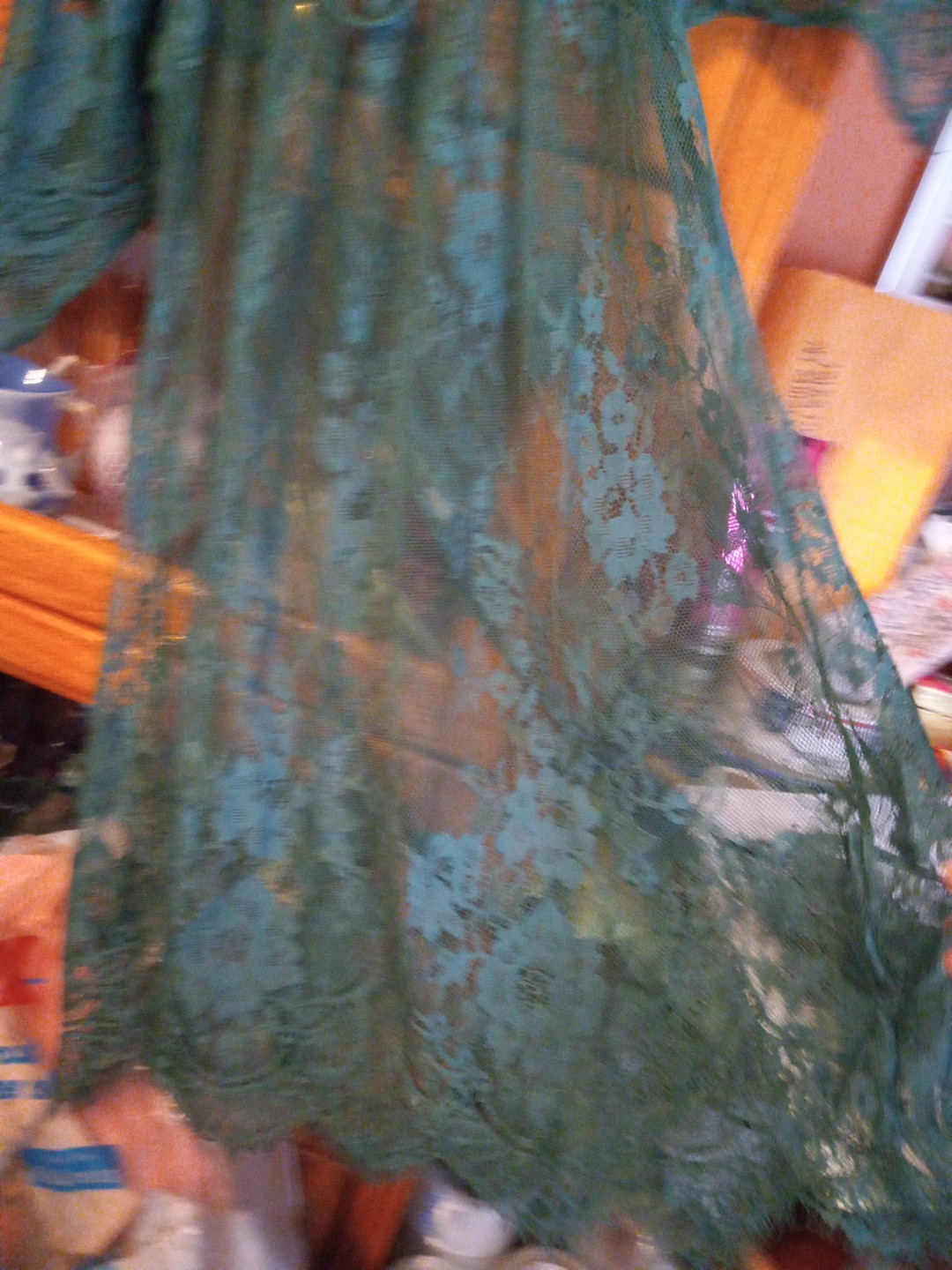 2 Piece Lingerie NOS Green Lace Nighty & G String Panty Panties See Through S