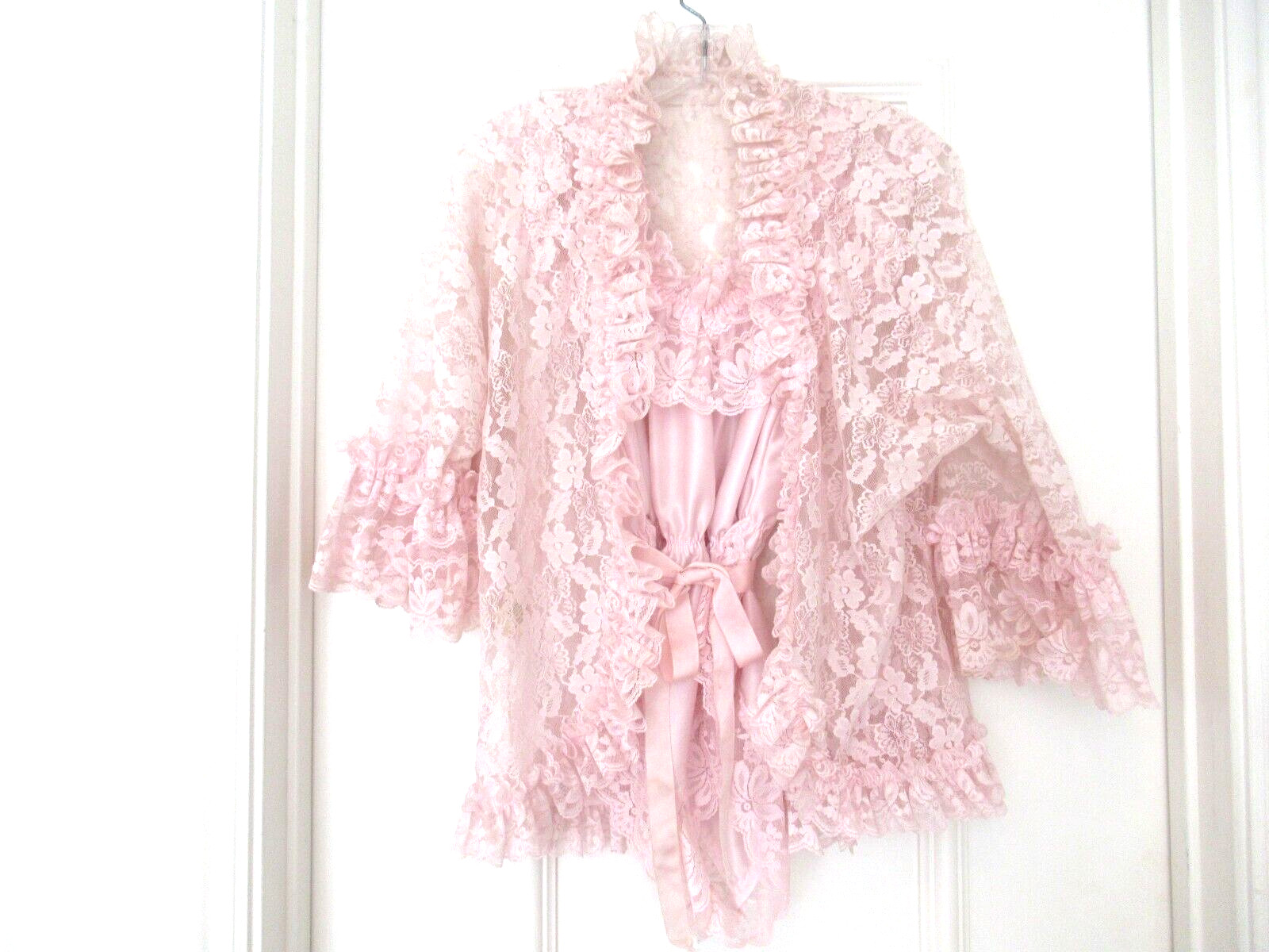 DELORES Poirette ILGWU Pink Silky Lace Teddy Romper Bodysuit Cover-up Small NEW