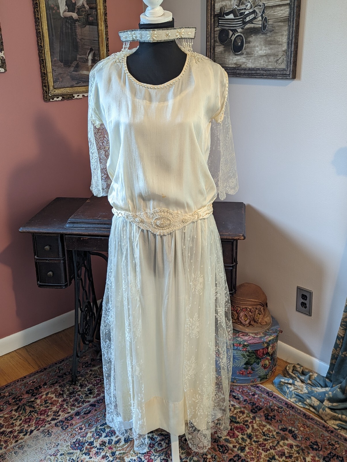 Amazing Antique 1923 Wedding Dress Bandeau Headband Lace Beads Pearls Rhinestone