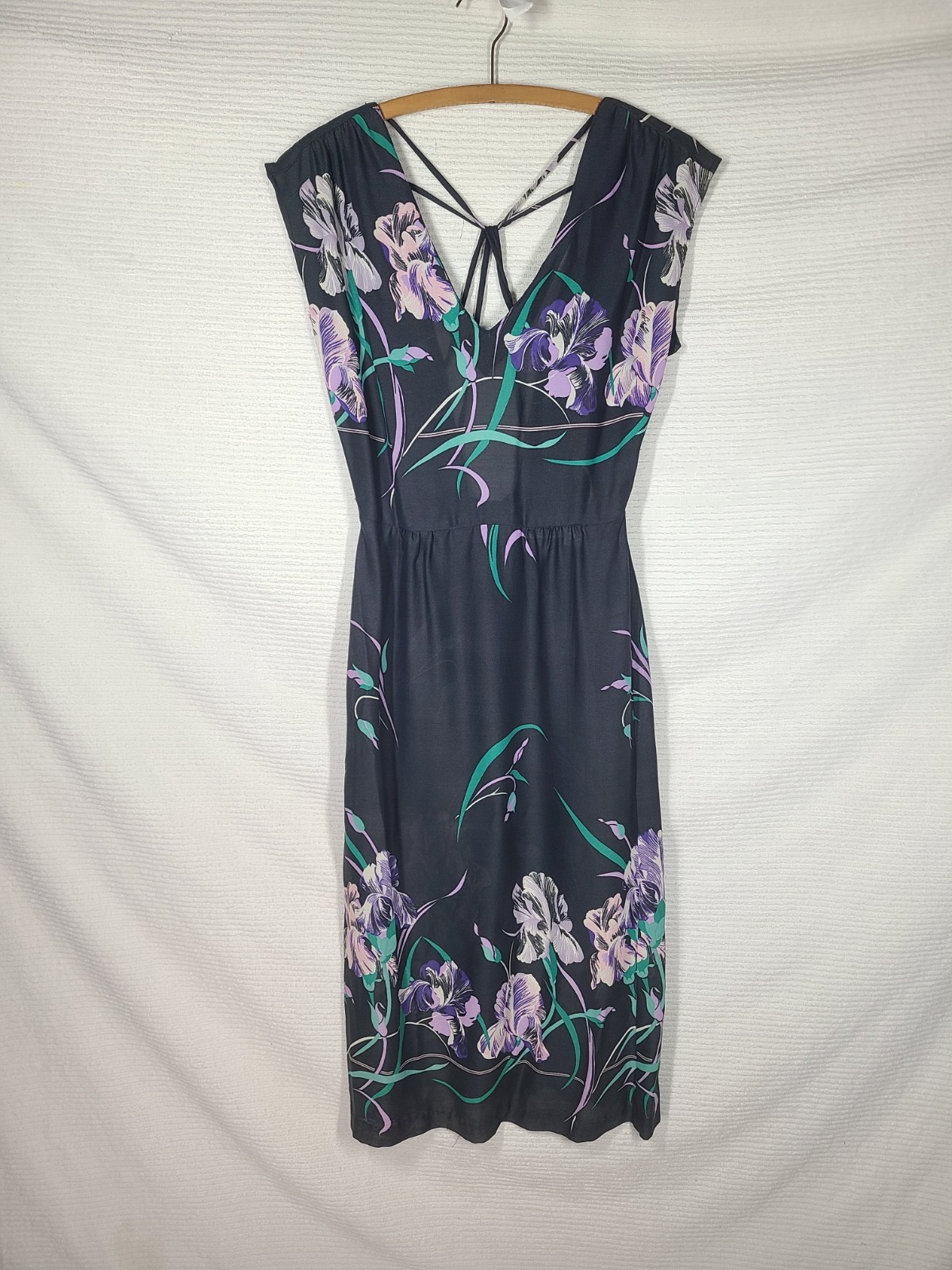 1970s Black Iris Dress Strappy Back Disco Rayon Crepe Malibu Media Vintage Rare