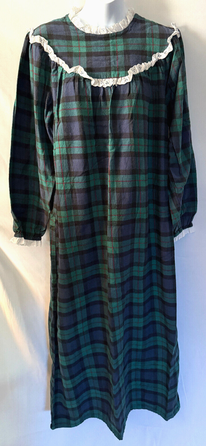 vtg Lanz Accentuette plaid black watch flannel nightgown 100% cotton womens XL