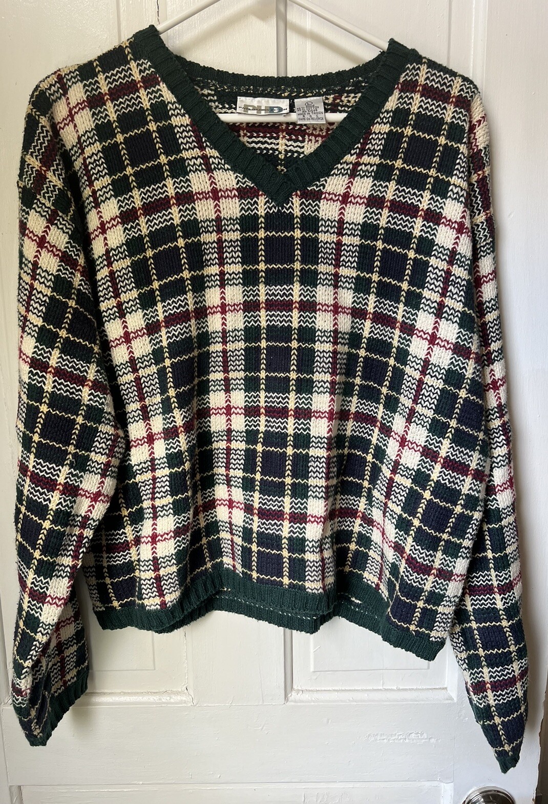 Vintage Paul Harris Knit Sweater Women’s Size Large Navy Green Cream Plaid