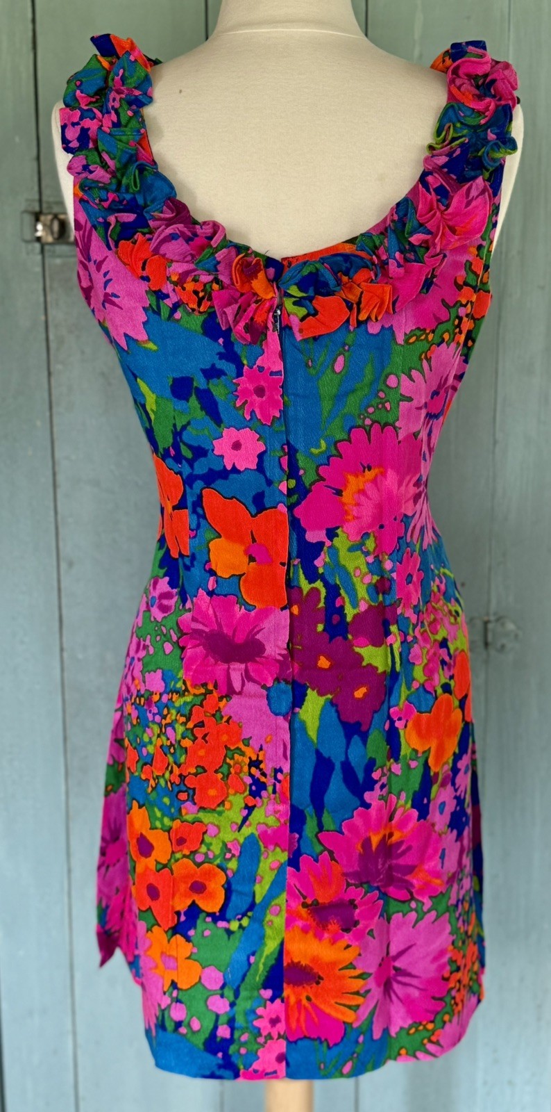 VTG 60s Liberty House Hawaii Barkcloth Mini Muumuu ShoulderRuffle Psychedelic 10