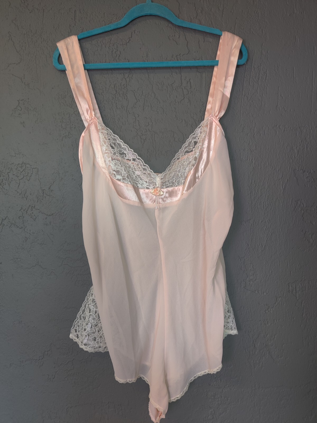 Vintage Peachy Pink Lace Chiffon Teddy Bodysuit Romper Size 2X Snap Bottom EVC
