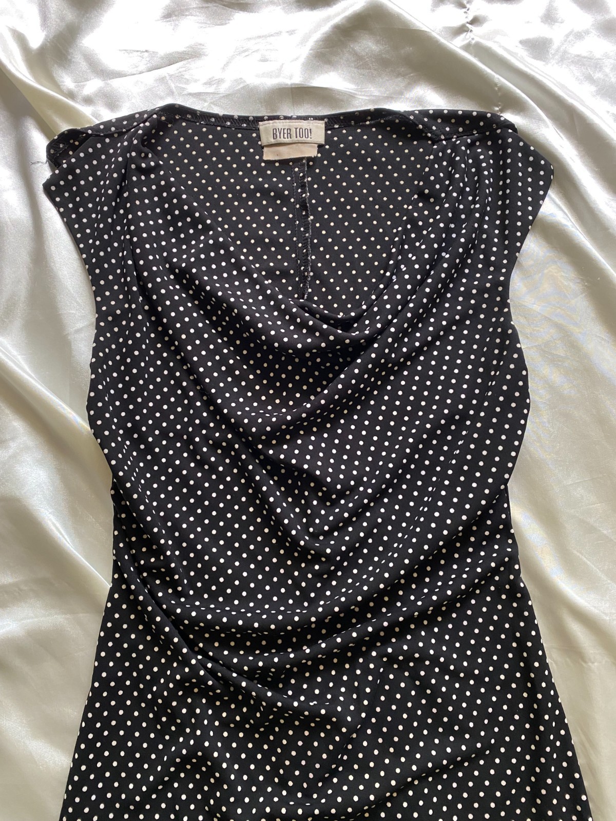 Vintage 1990s Black White Polka Dot Cowl Neck Bodycon Mini XS/S Going Out