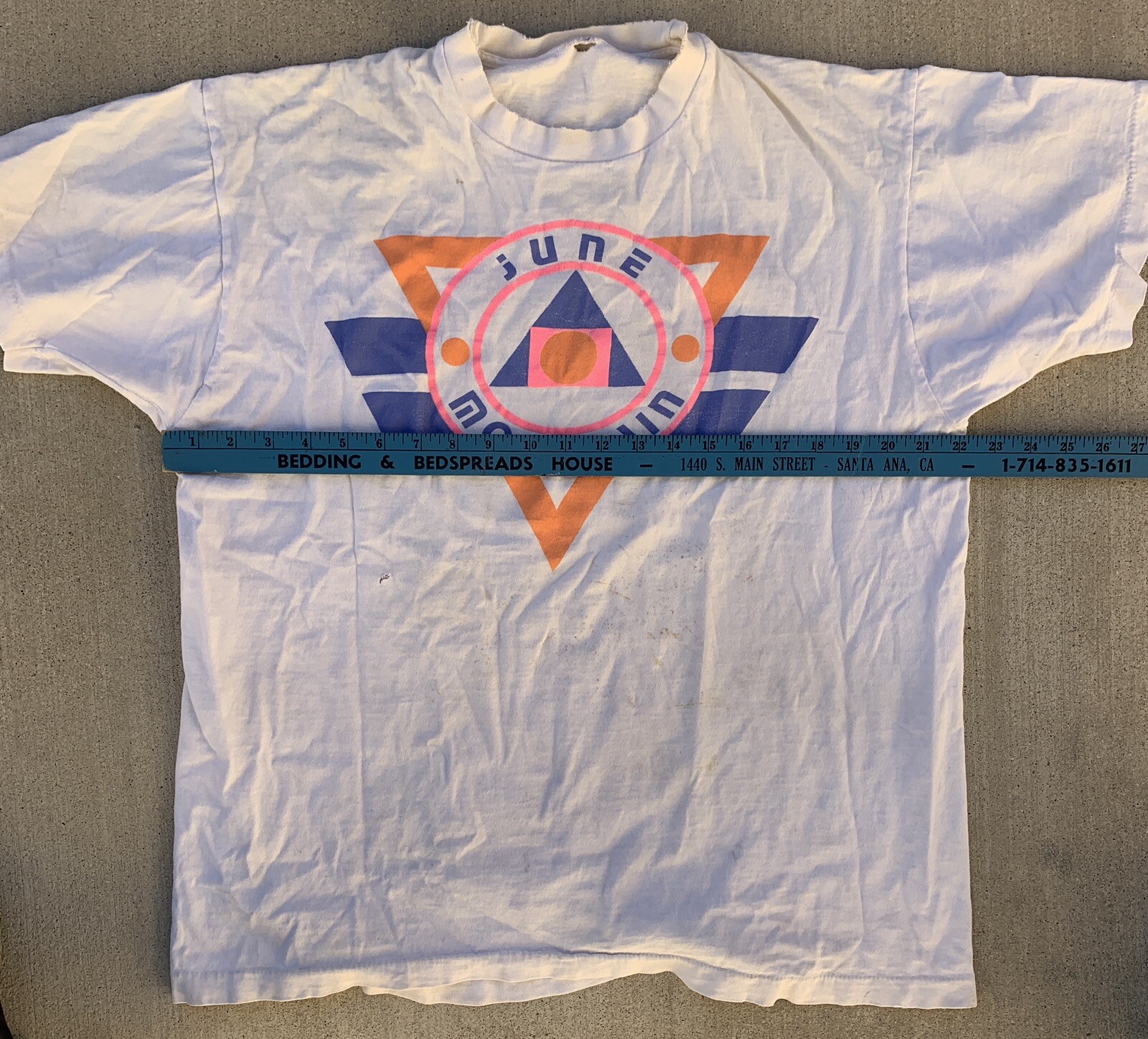 Vintage June Mountain T Shirt 80s Geomeric Neon Graphics Distressed Worn Holes