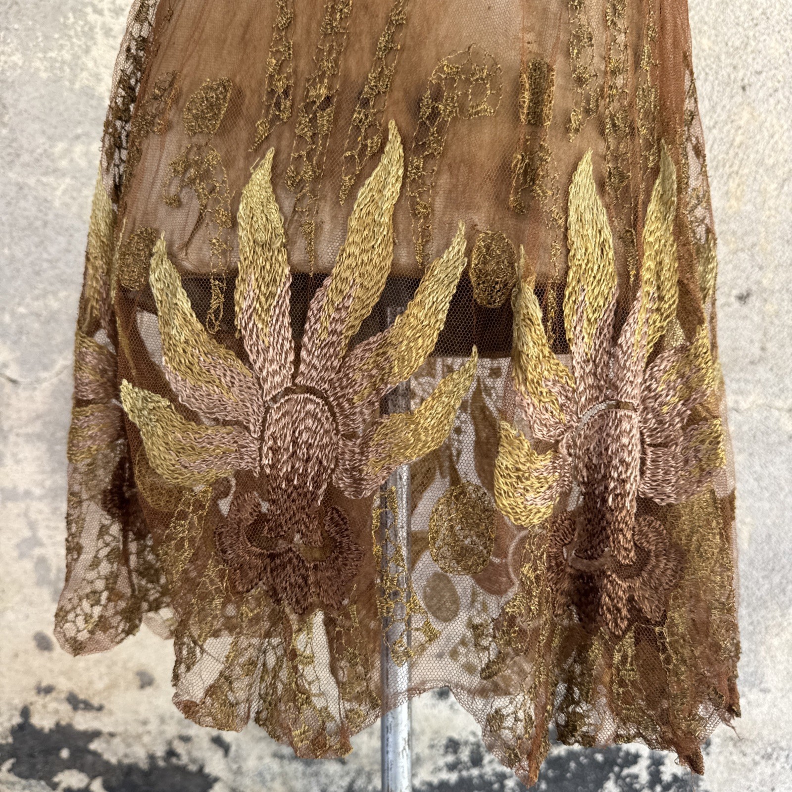 Antique 1920s Copper Net Skirt Silk & Metallic Embroidery Dress Vintage
