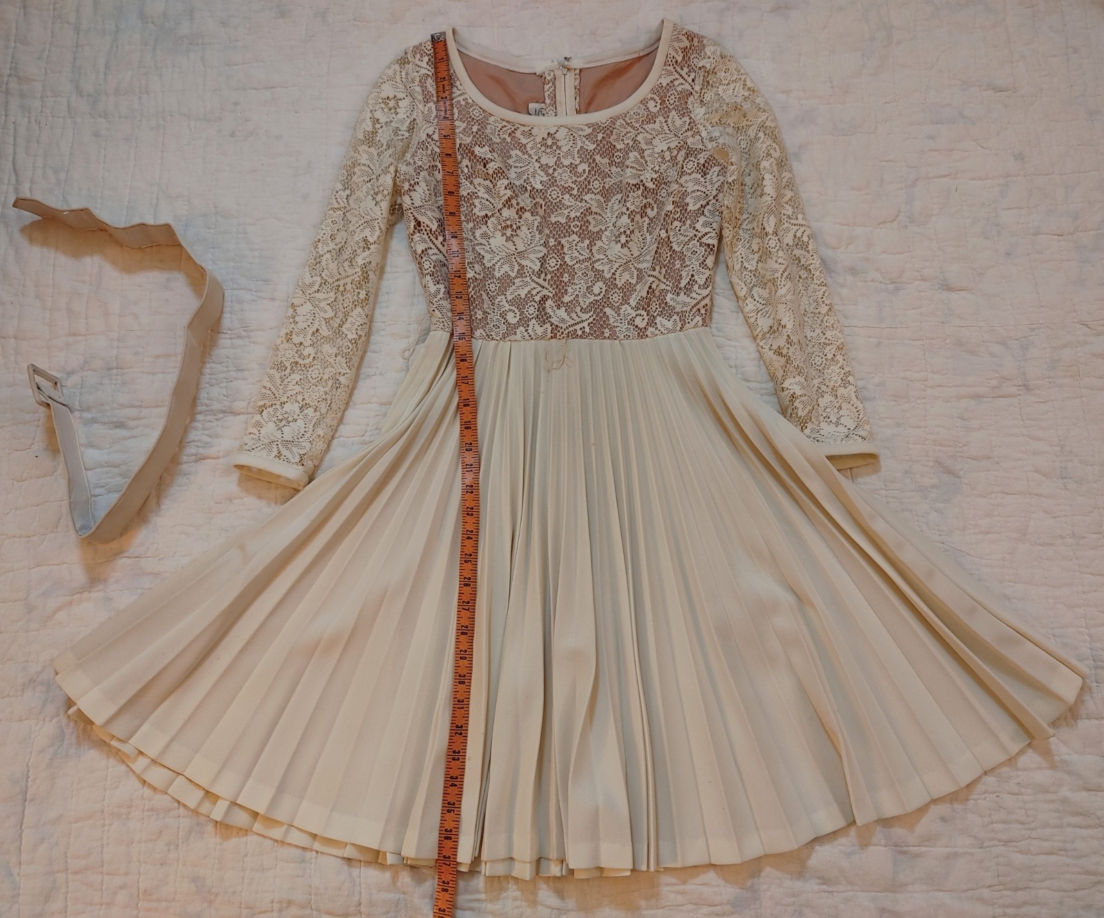Vintage 70s Lace Pleated Skirt Dress JM Jack Marsee California Polyester Belted