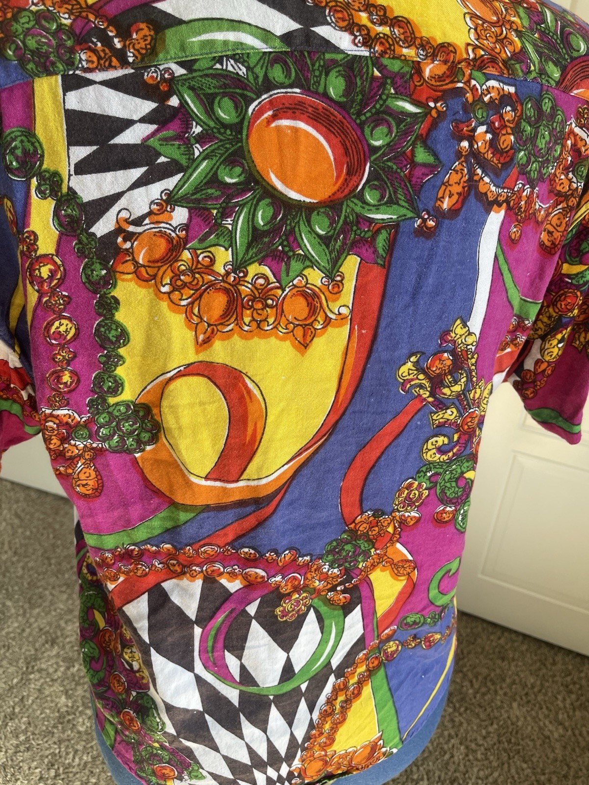 1980s Jane Ashley Sz Medium Multicolor SS Button Up w Beading, Checkers, Jewels
