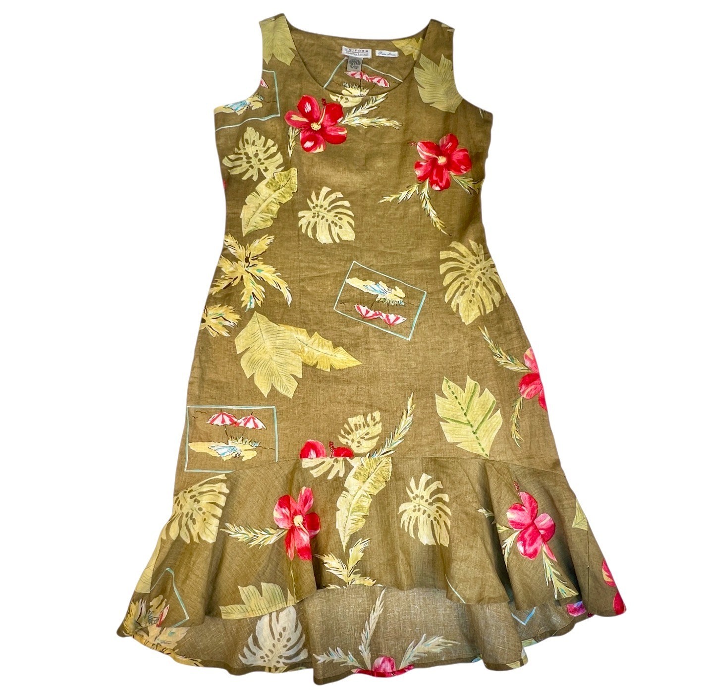 John Paul Richard UNIFORM Sz 10 Linen Dress Tropical Hawaiian Travel Print New