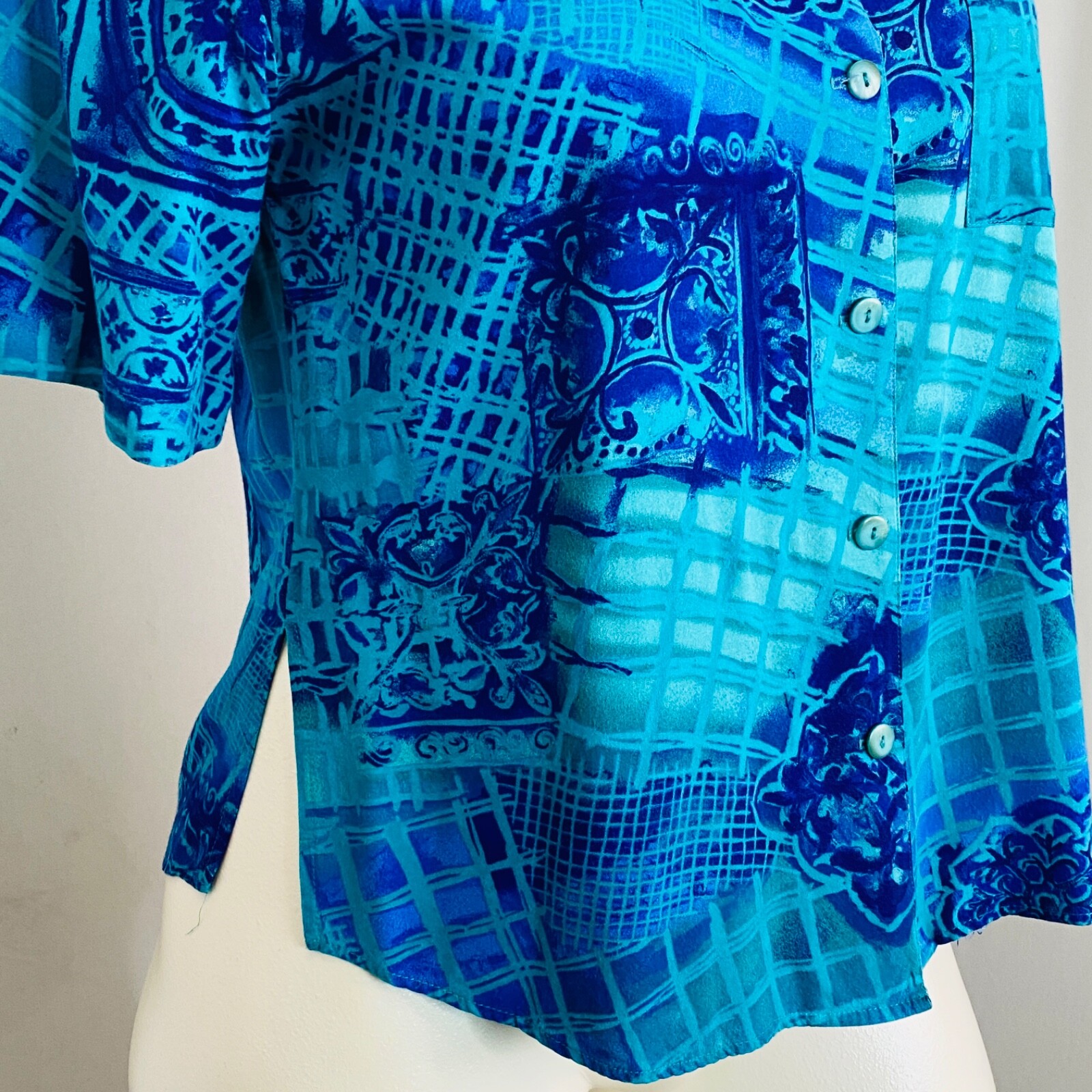 Vintage 1980s blue rayon blouse, L XL turquoise teal short sleeve collar 1990s