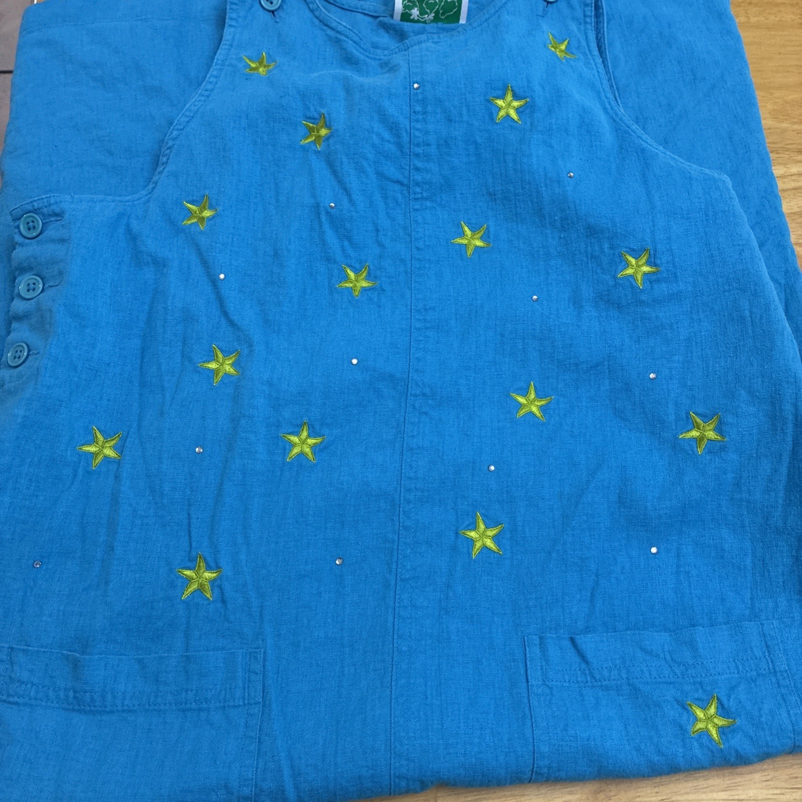 Vintage Quaker Factory Large Aqua Blue Celestial Linen/ Rayon Dress Pocket