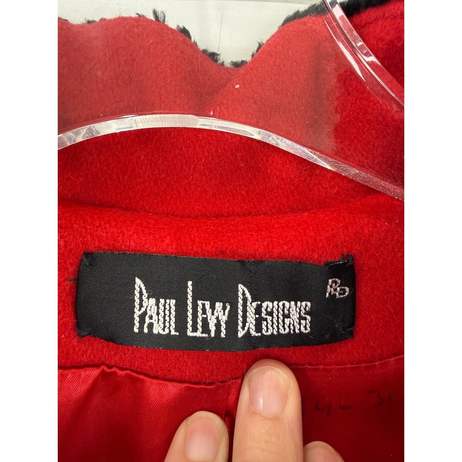 VINTAGE 80s Paul Levy Designs Wool Coat Women XL Red Faux Fur Trim Long Elegant