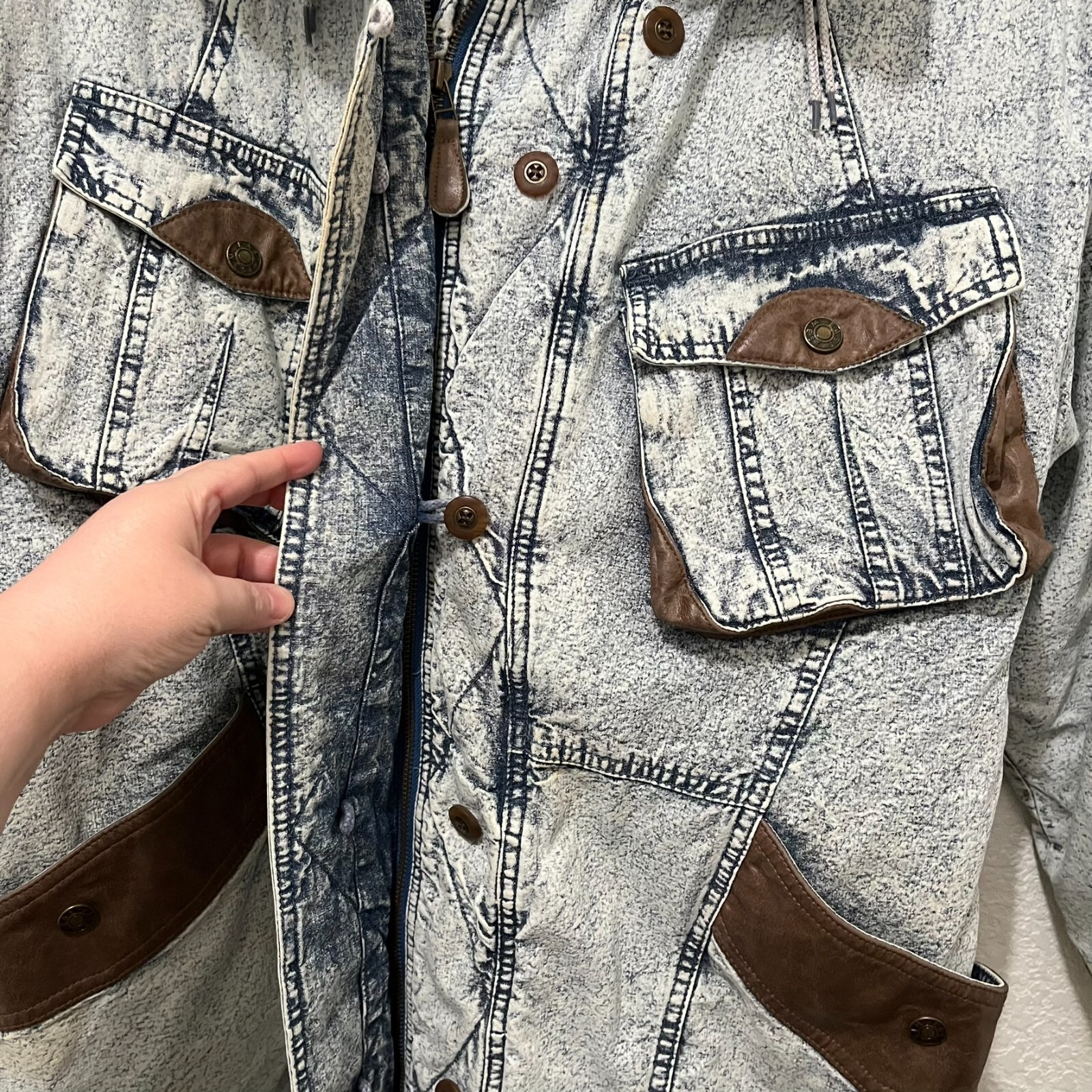 Vintage 80’s East West Acid Stone Wash Denim Coat Blue Jean Jacket Womens Sz XL