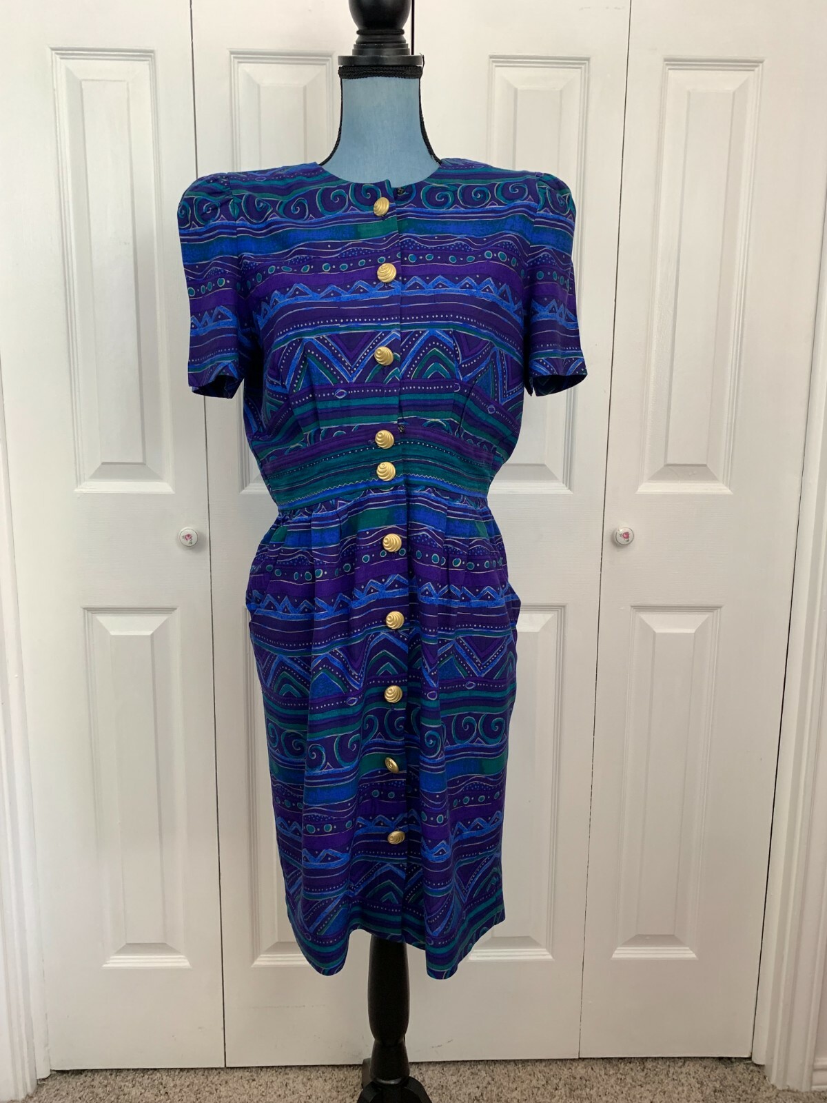 Vintage 1980’s 1990’s Positive Attitude Button Up Blue Purple Green Dress 8 P